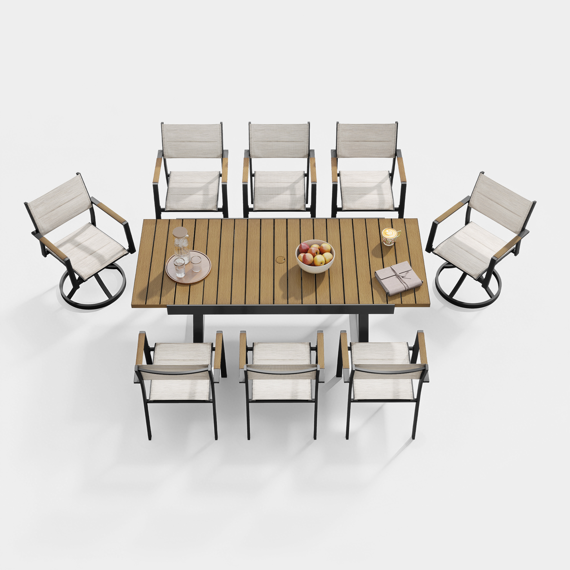 Nine-piece expandable outdoor dining set with two swivel chairs and wood slat table-Seehill