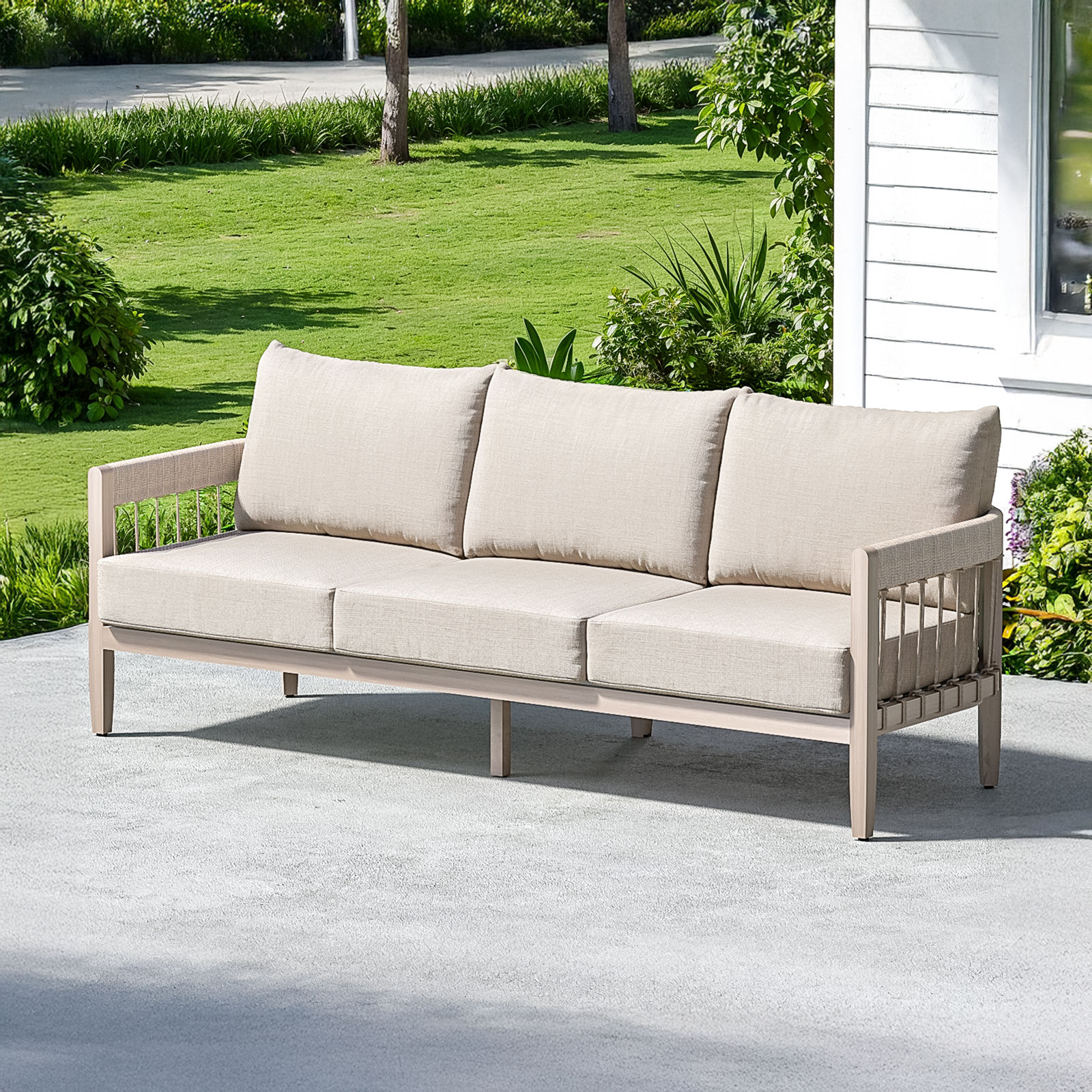 3-Seater Patio Outdoor Sofa with Faux Wood Grain Frame - C038