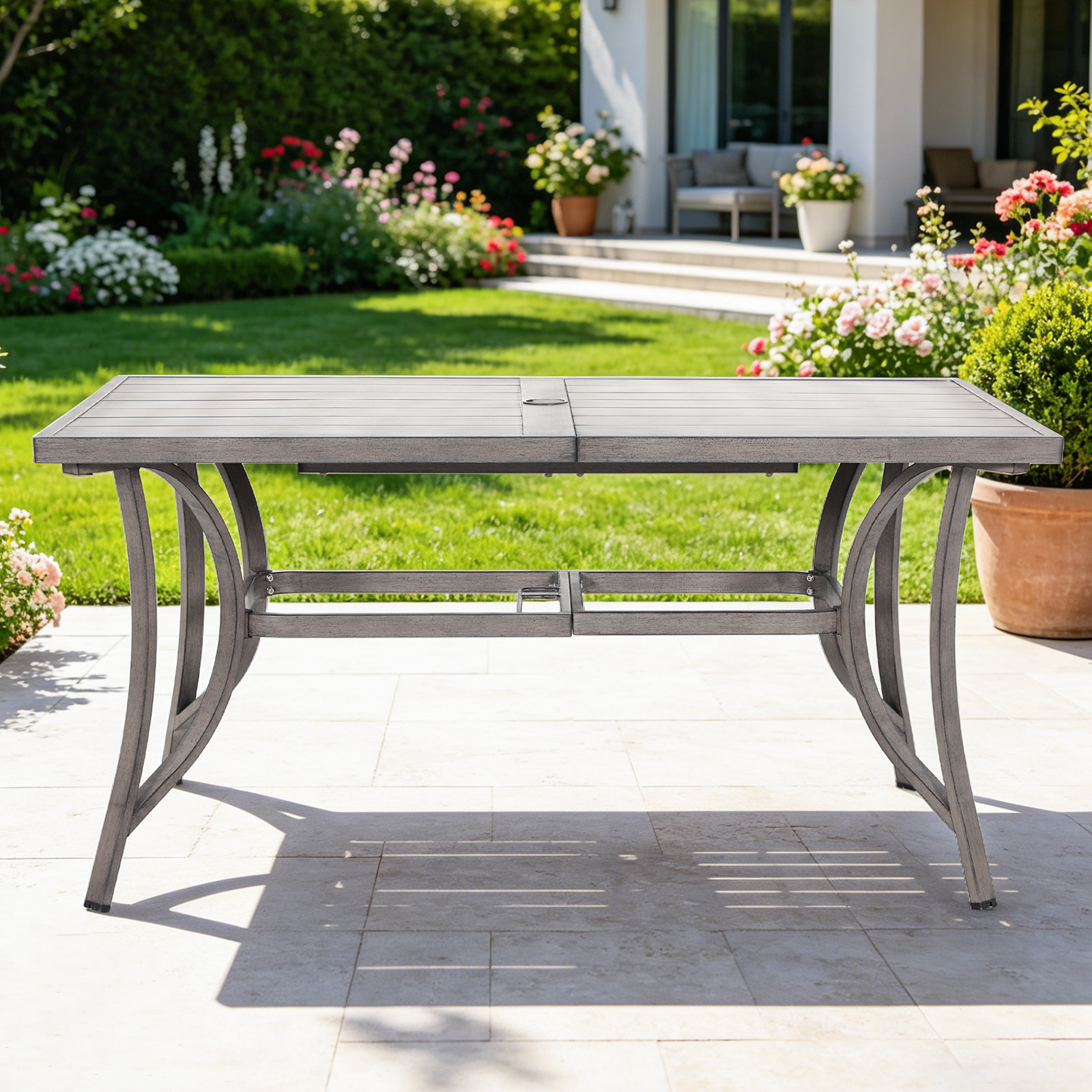 Patio Rectangle Dining Table for 6 with Umbrella Hole - D108