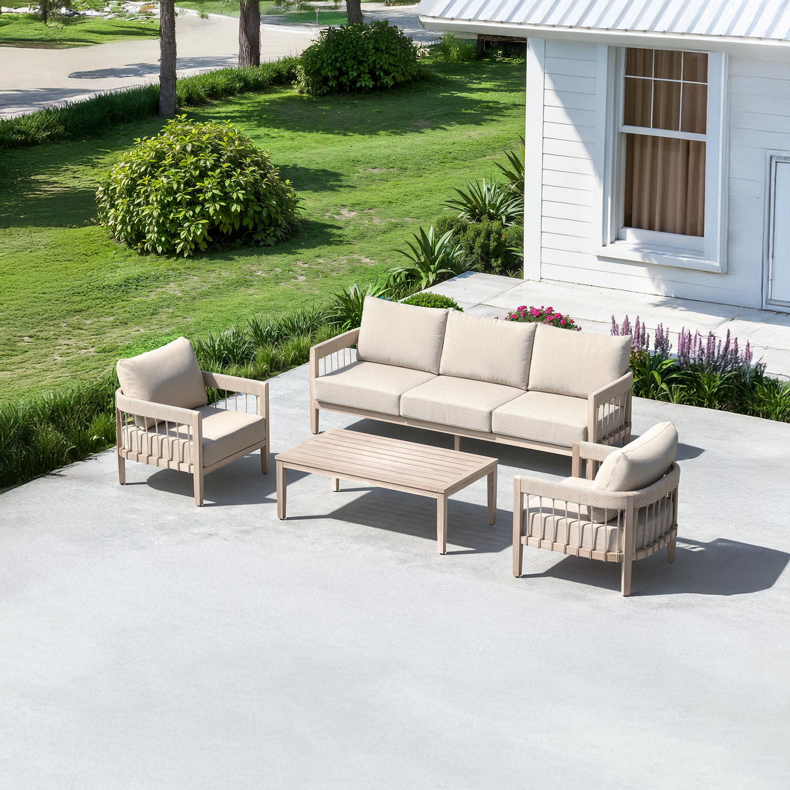 2-Piece Patio Outdoor Sofa with Faux Wood Grain Frame - C037