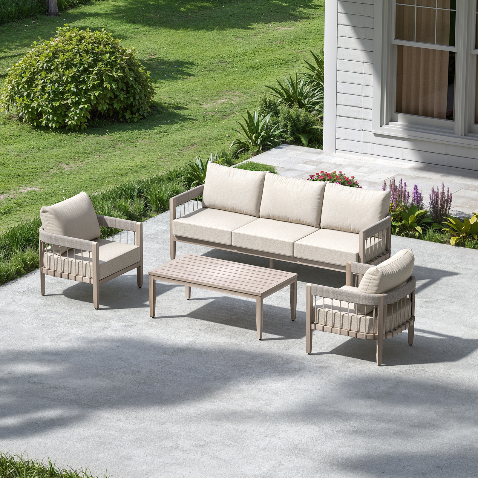 3-Seater Patio Outdoor Sofa with Faux Wood Grain Frame - C038