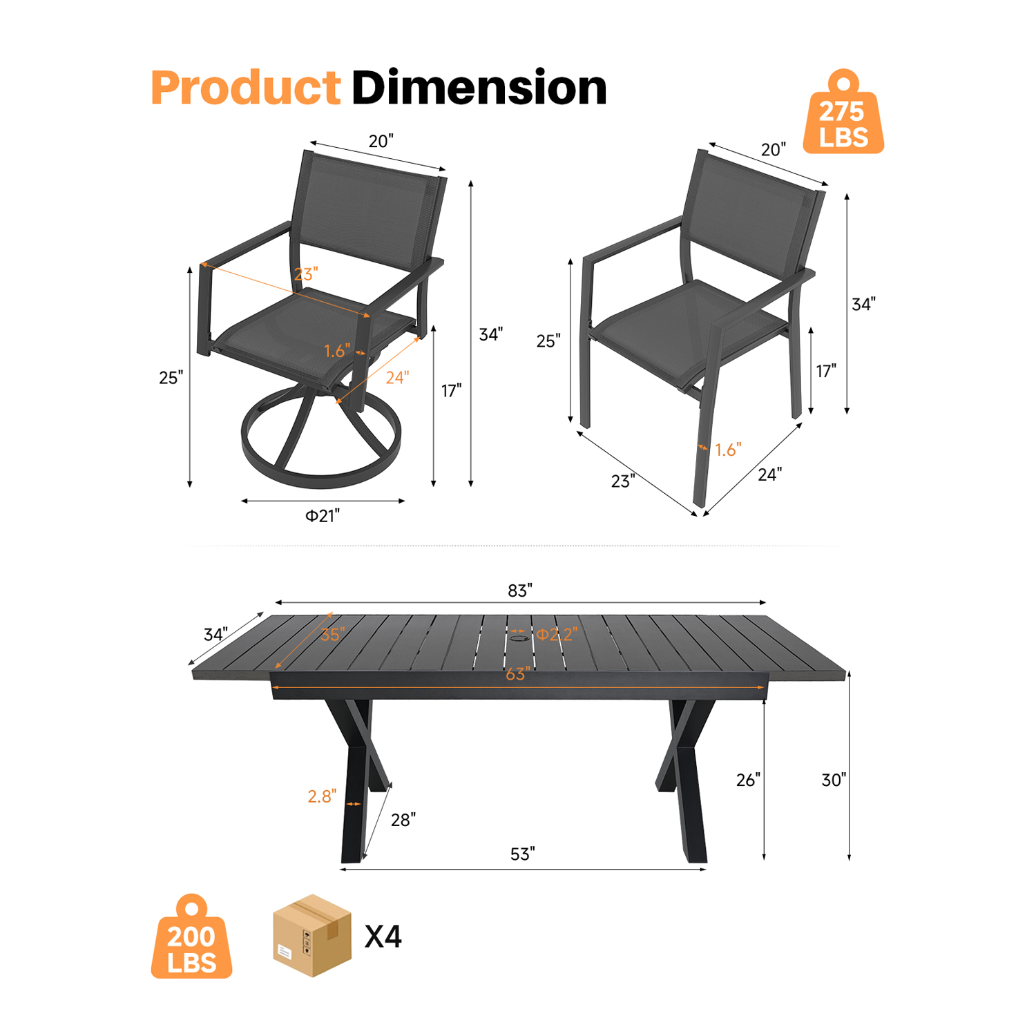 Black metal expandable patio dining table with matching chairs on white background -Seehill
