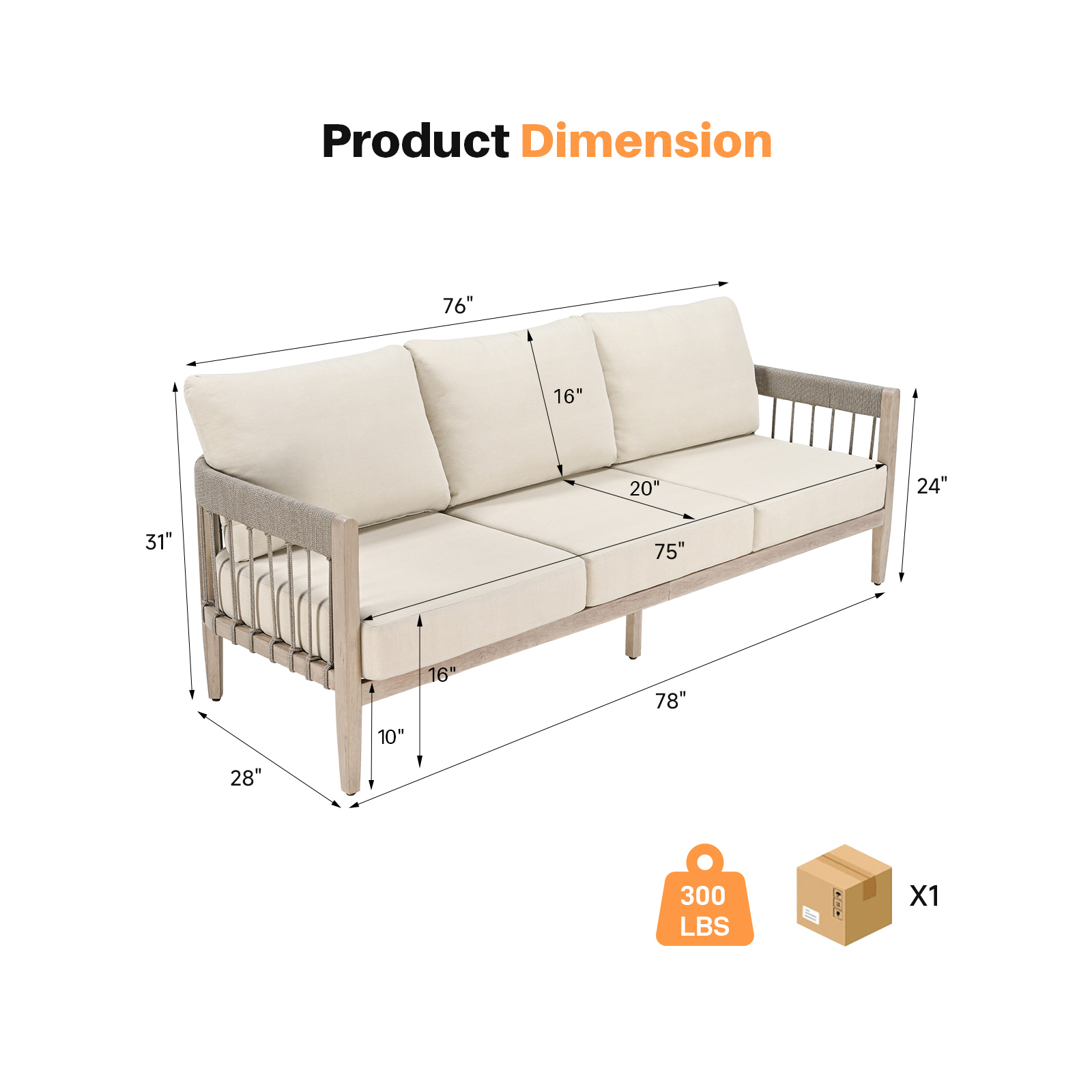 3-Seater Patio Outdoor Sofa with Faux Wood Grain Frame - C038