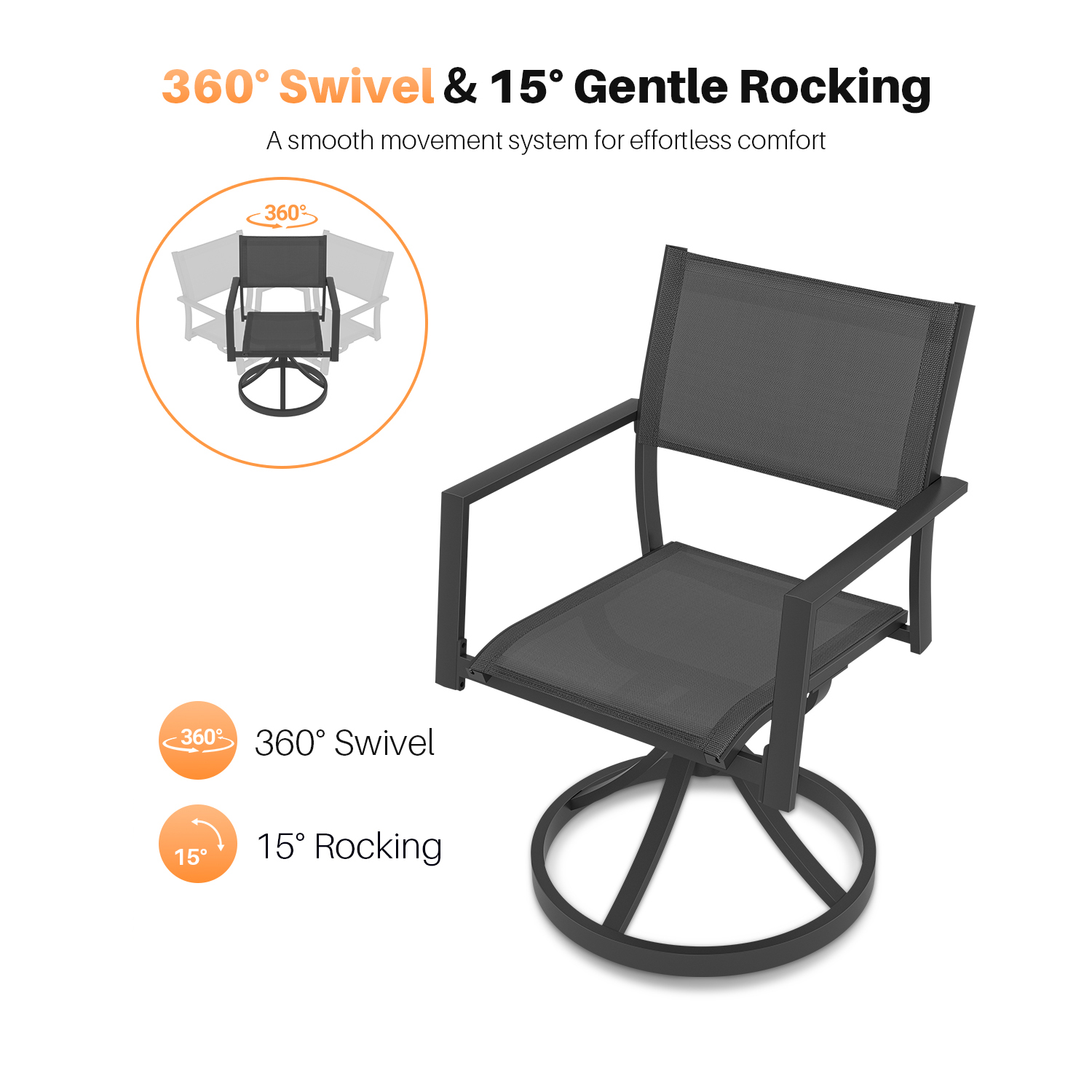 Black swivel patio chair with gentle rocking and breathable mesh seat -Seehill