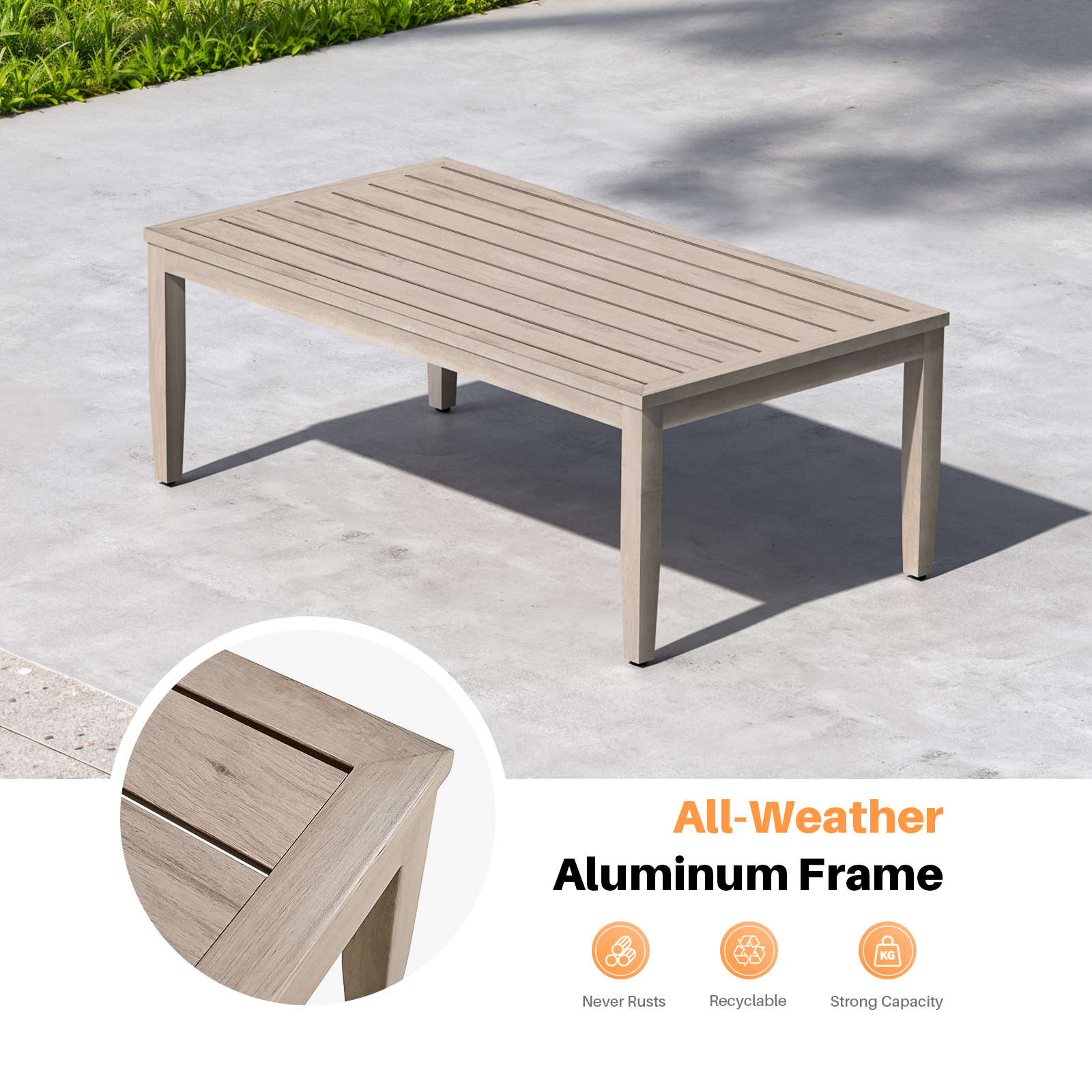Patio Outdoor Coffee Table with Faux Wood Grain Finish Frame - C039