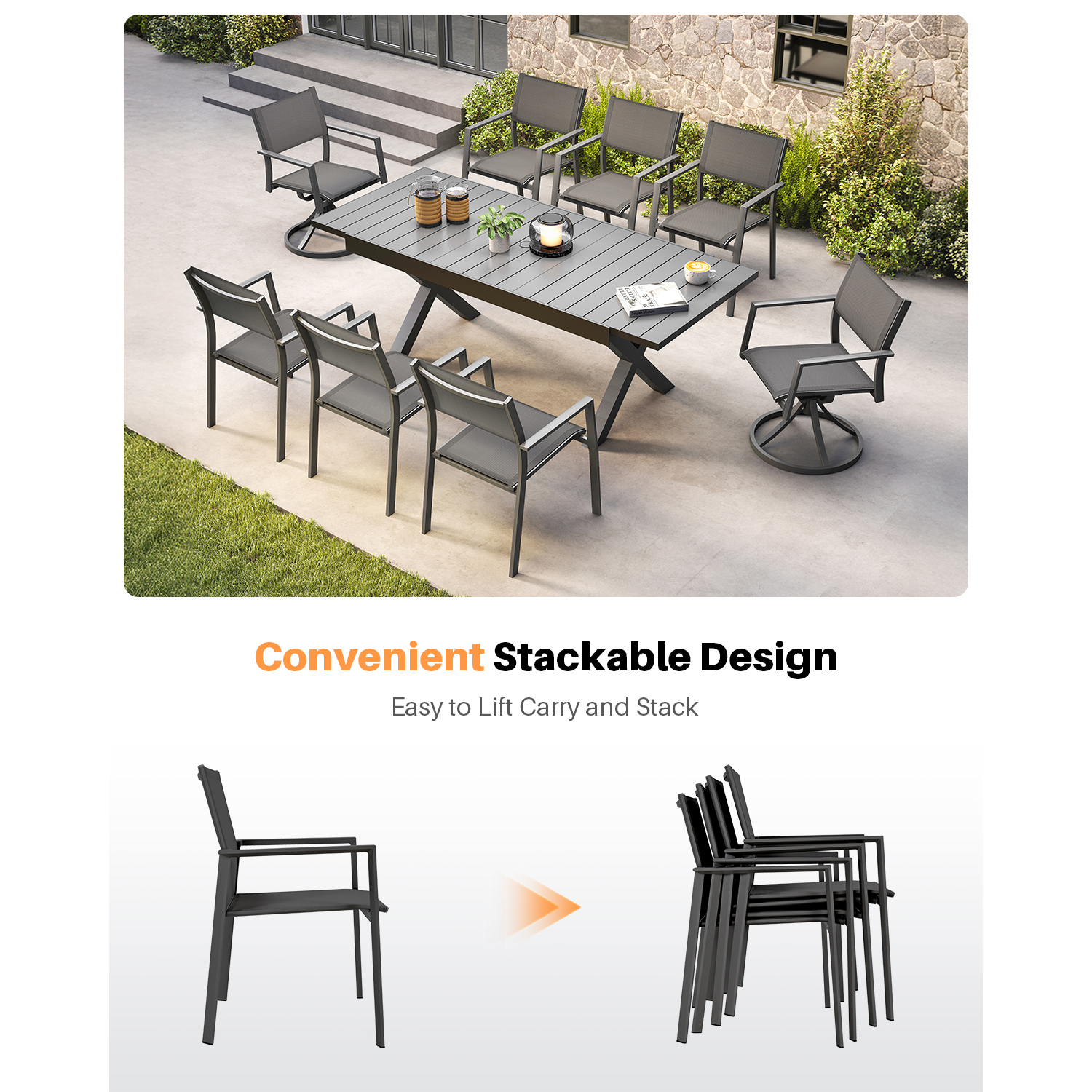 Expandable patio dining set with nine stackable chairs on a concrete patio-Seehill
