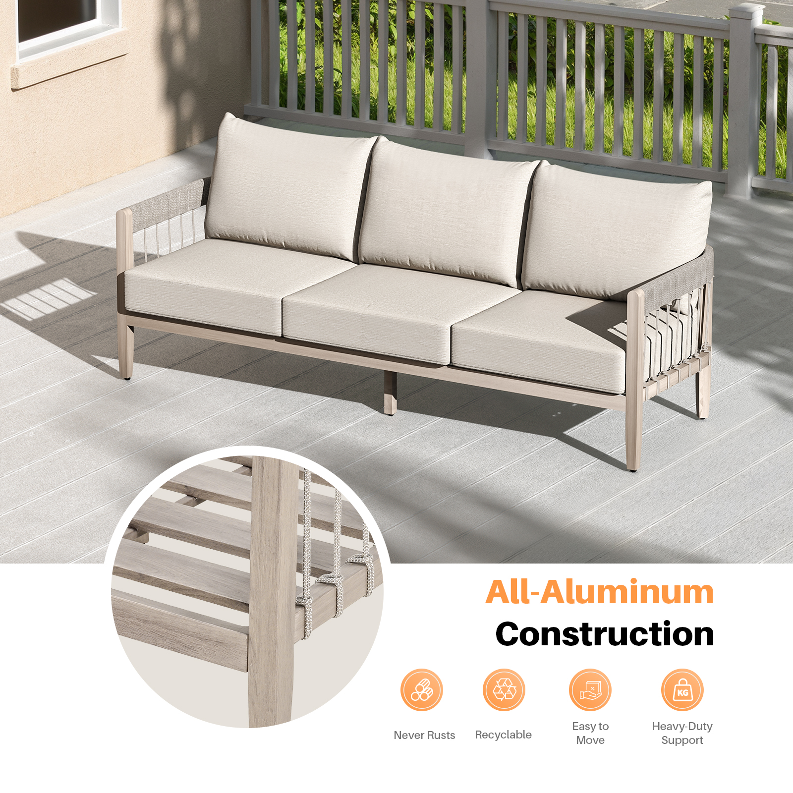 3-Seater Patio Outdoor Sofa with Faux Wood Grain Frame - C038