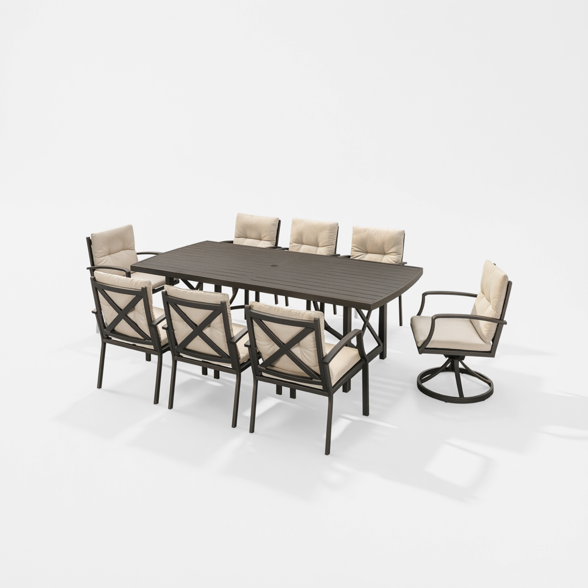Outdoor dining set with cushioned chairs and swivel rocker seats around a large table-Seehill