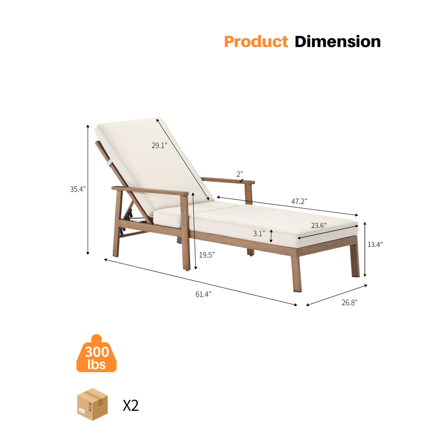Wooden outdoor lounge chair with white cushion, 300 lbs capacity - Seehill