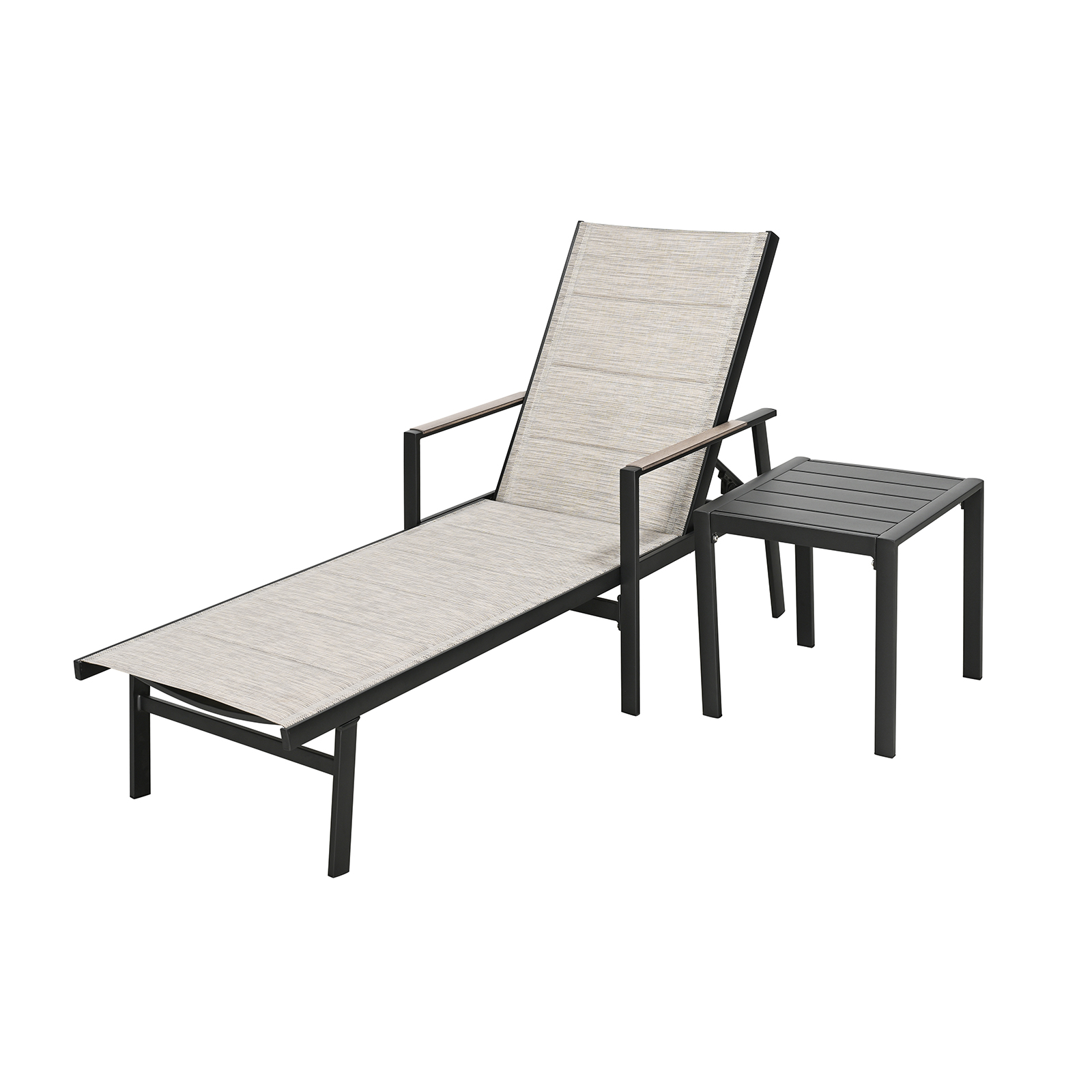 Highlighting the Outdoor lounge chair with side table, black frame, and beige fabric of this refined set. - Seehill