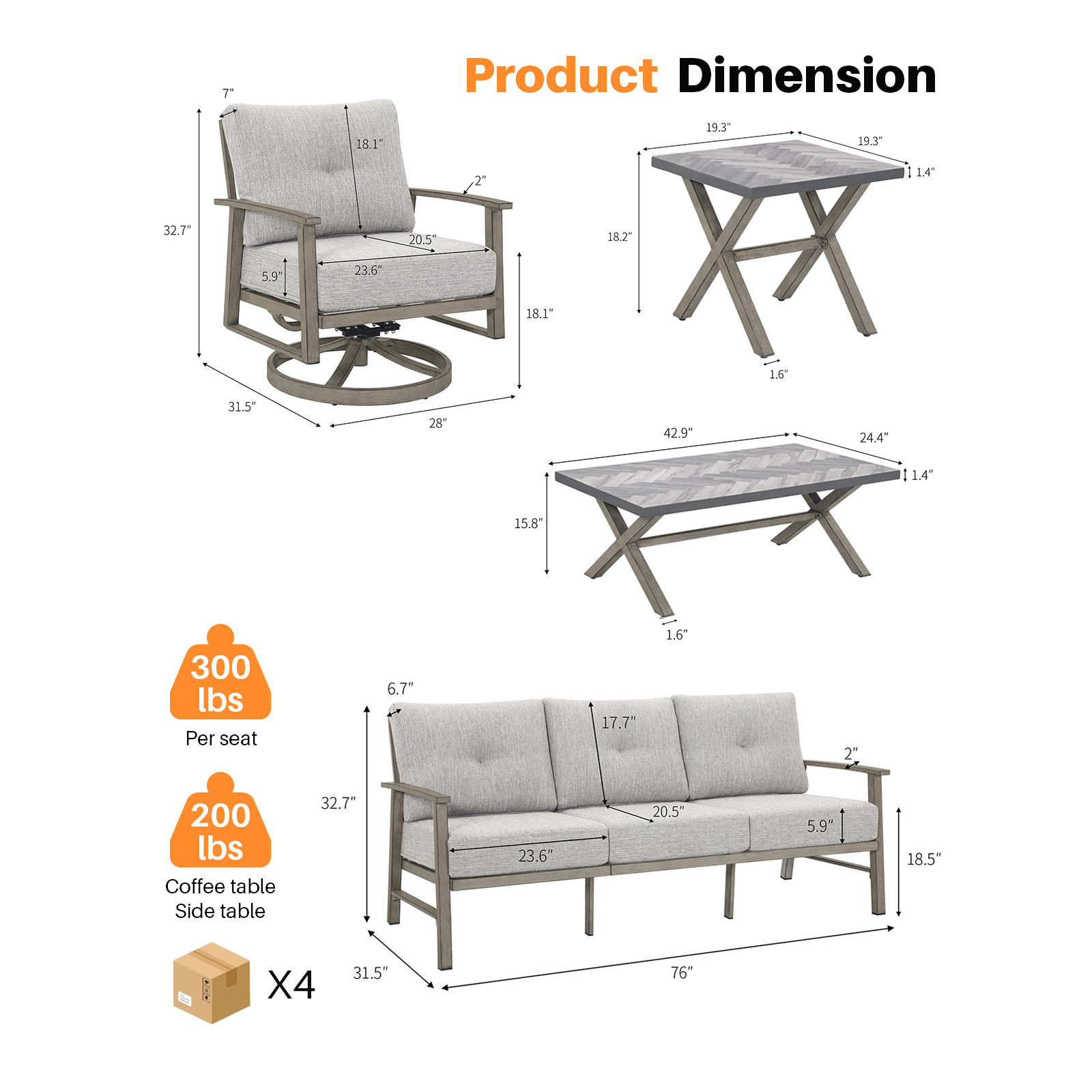 Modern outdoor patio furniture set with swivel chairs and two tables in neutral tones-Seehill