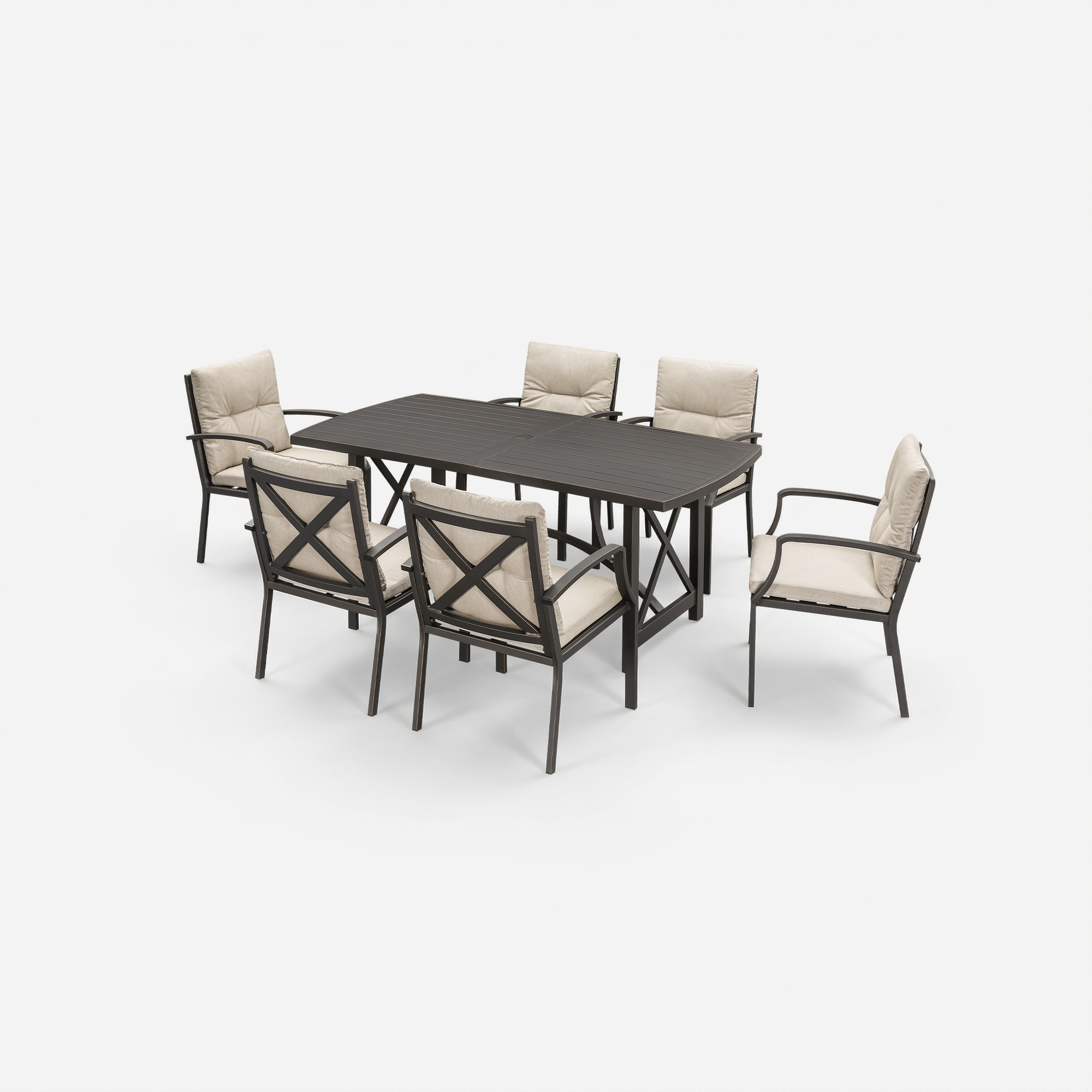 Crisp Outdoor dining set with cushioned chairs and umbrella hole in table center-Seehill