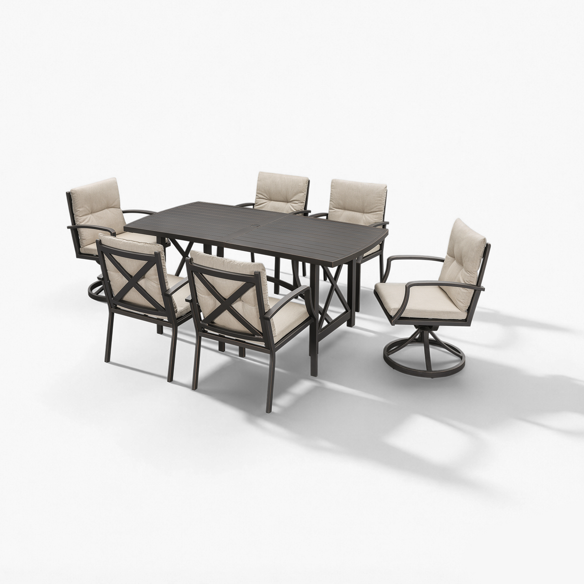 Outdoor dining set with cushioned swivel rocker chairs and umbrella hole table-Seehill