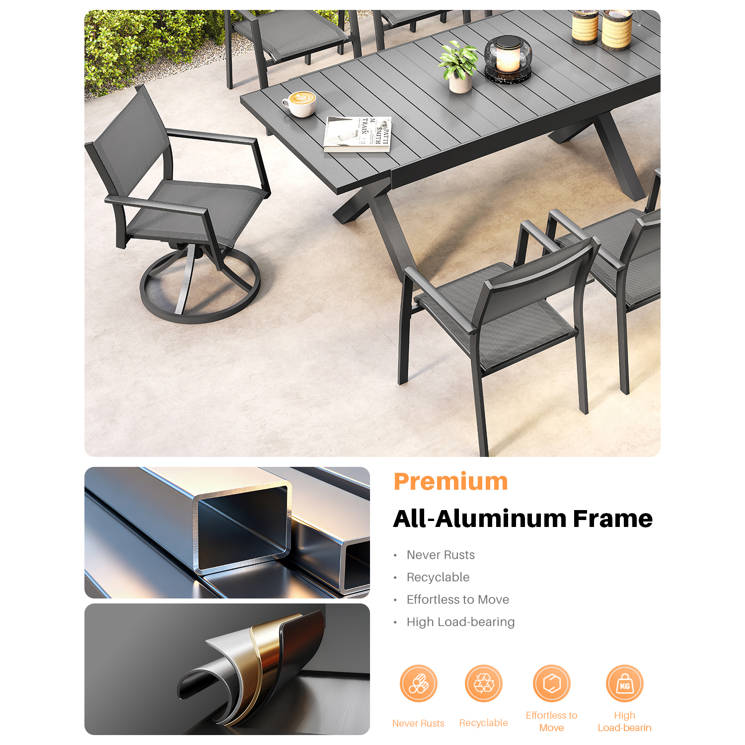 Expandable patio dining set with aluminum frame and gray mesh chairs on patio-Seehill