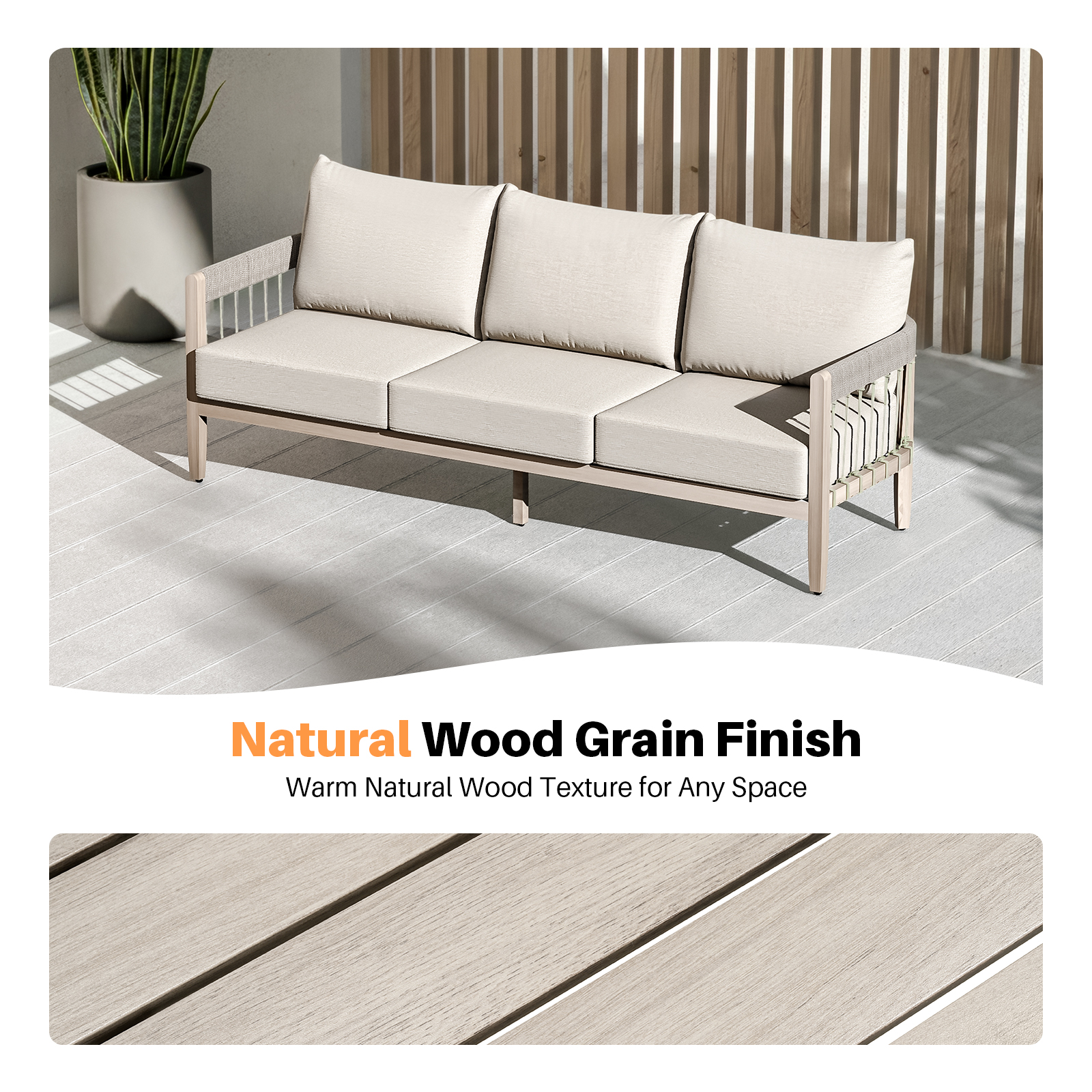3-Seater Patio Outdoor Sofa with Faux Wood Grain Frame - C038