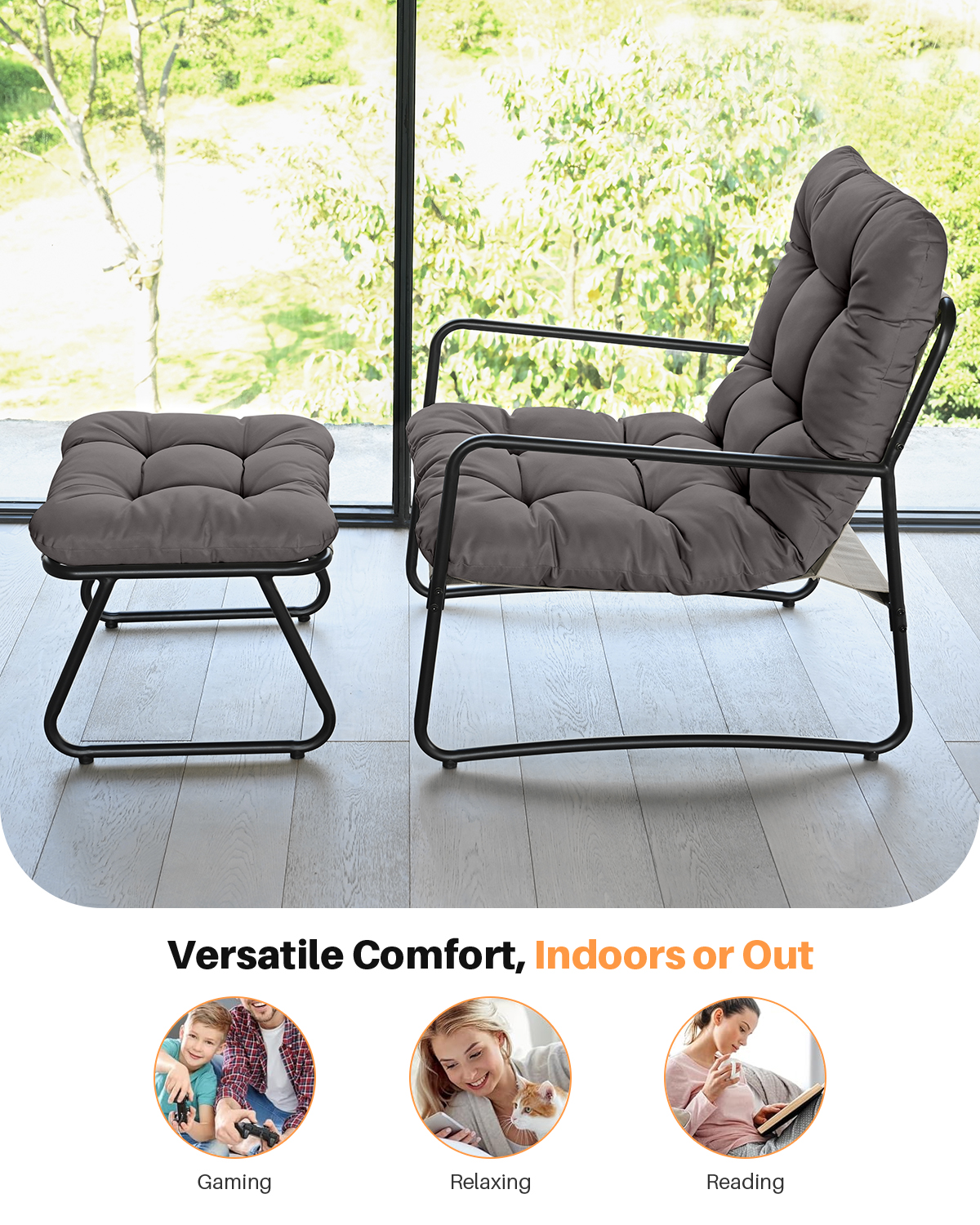 2-Piece Metal Comfy Modern Patio Rocking Chair Set with Ottoman- C033-1