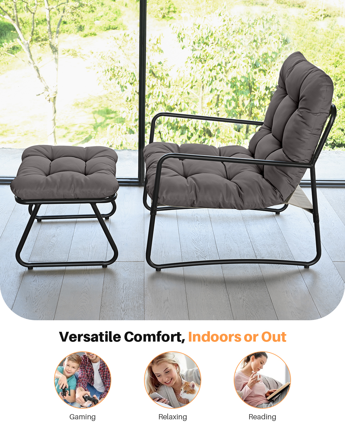 2-Piece Metal Comfy Modern Patio Rocking Chair Set with Ottoman- C033-1
