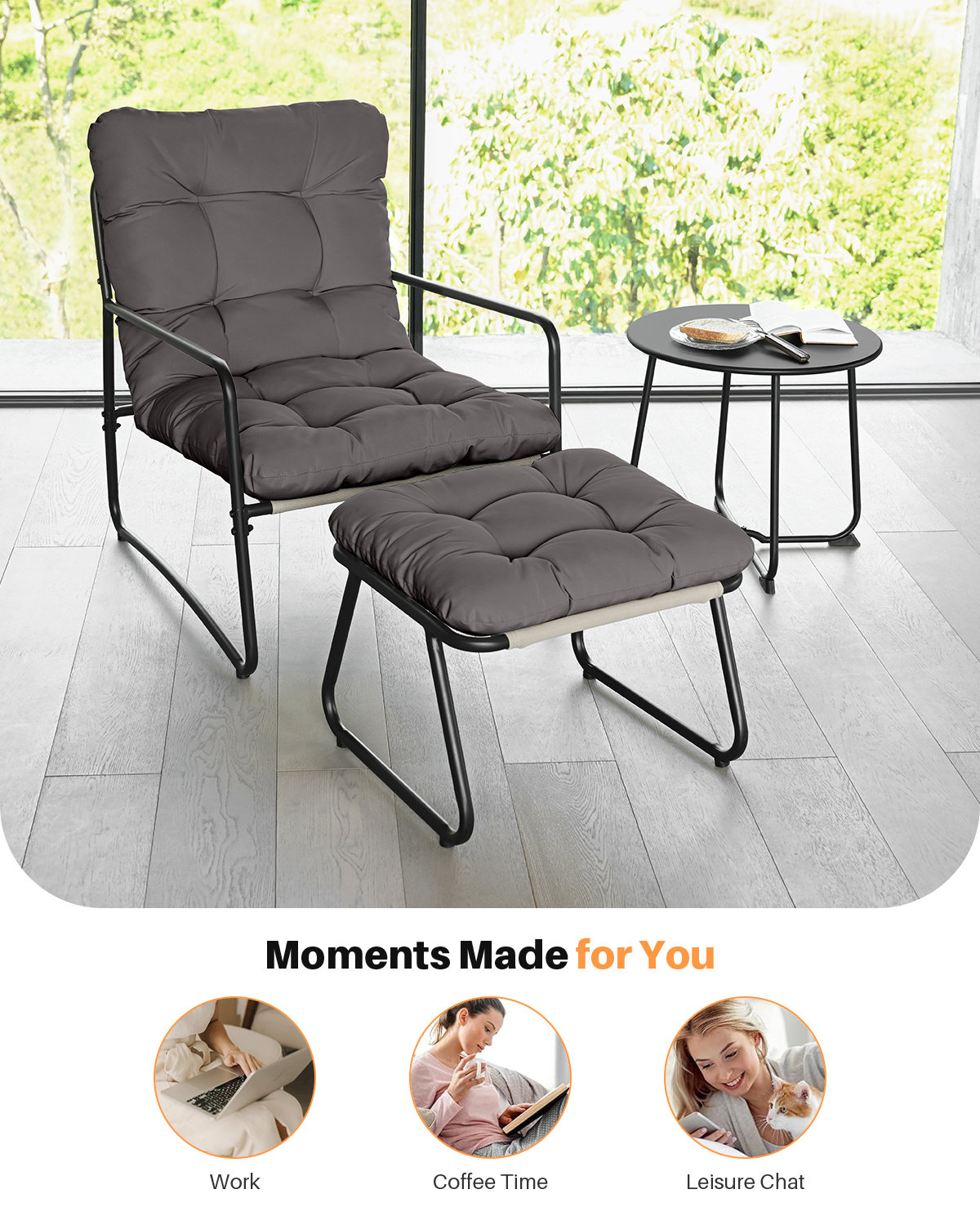 3-Piece Metal Comfy Modern Patio Rocking Chair Set with Ottoman & Side Table- C033-2