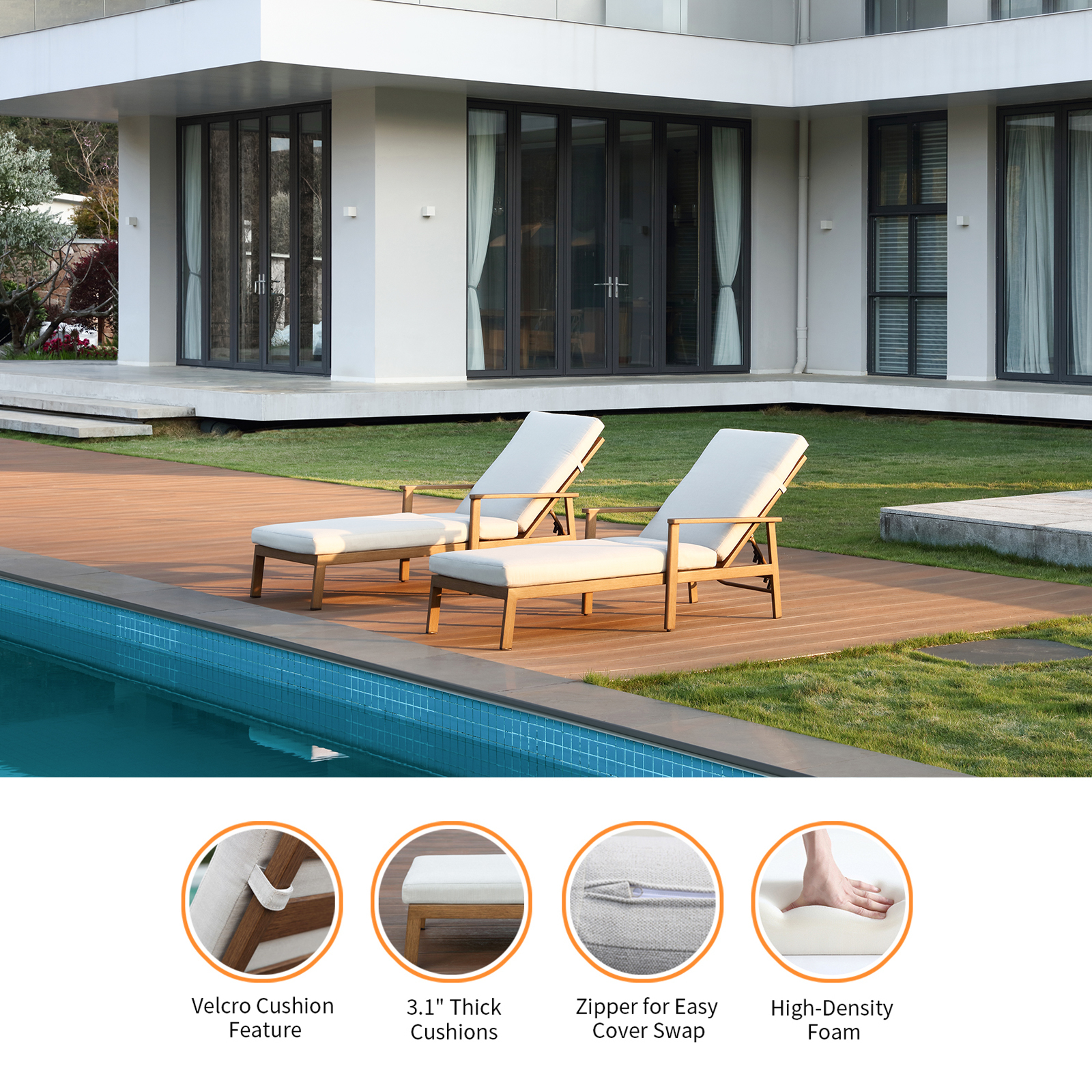 Outdoor Wooden Lounger with Thick Cushions and Velcro Feature - Seehill