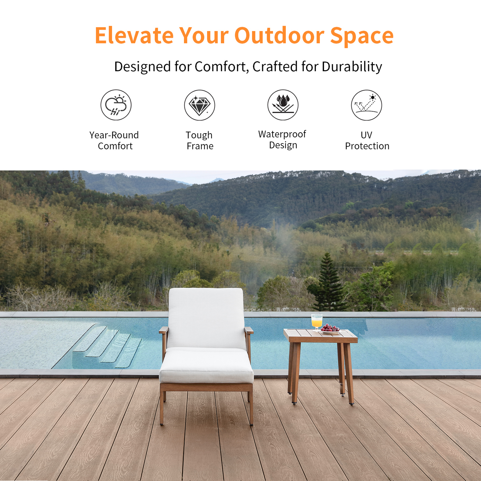 Modern outdoor lounge chair with white cushion  - Seehill