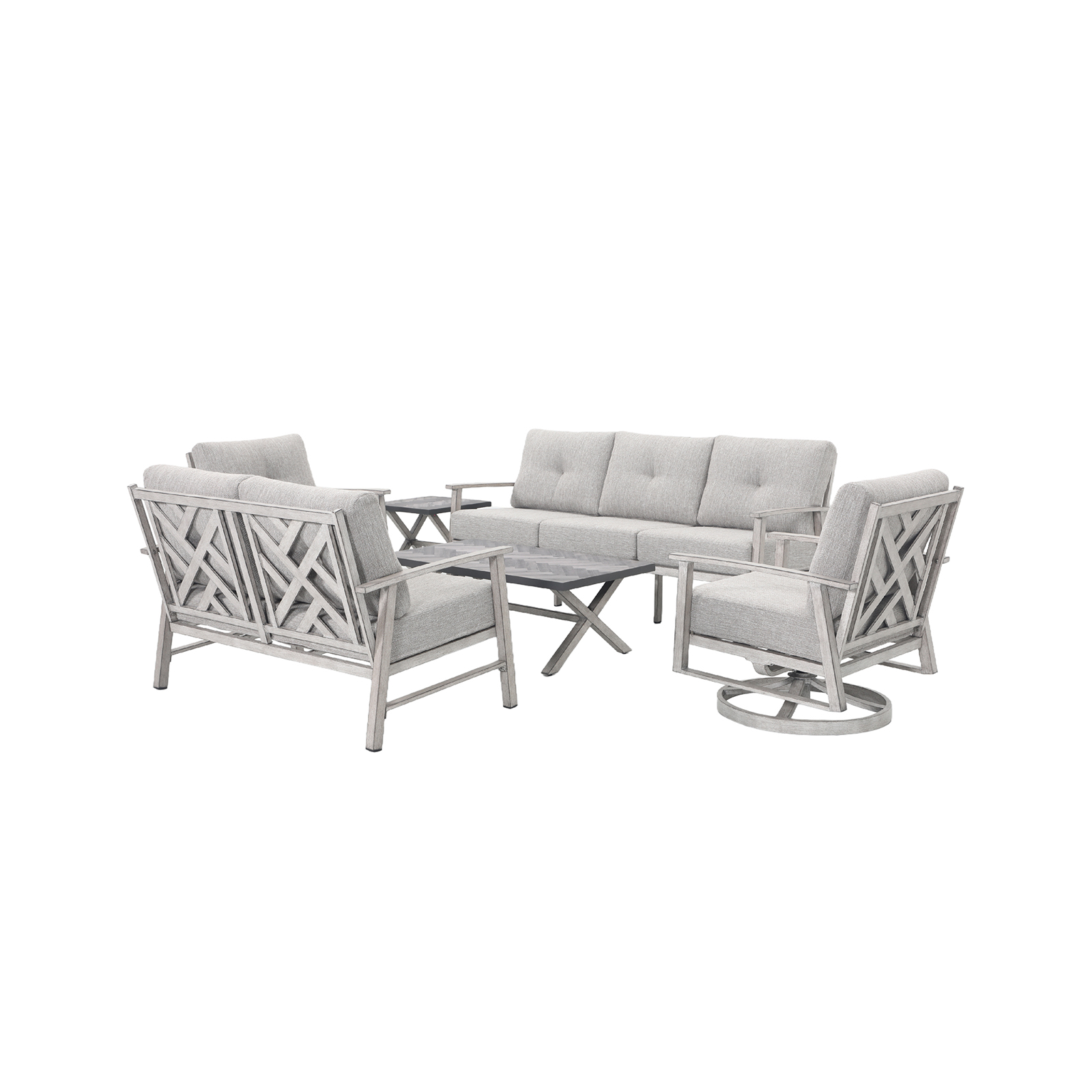 Five-piece modern outdoor patio furniture set with cushioned swivel chairs and table-Seehill