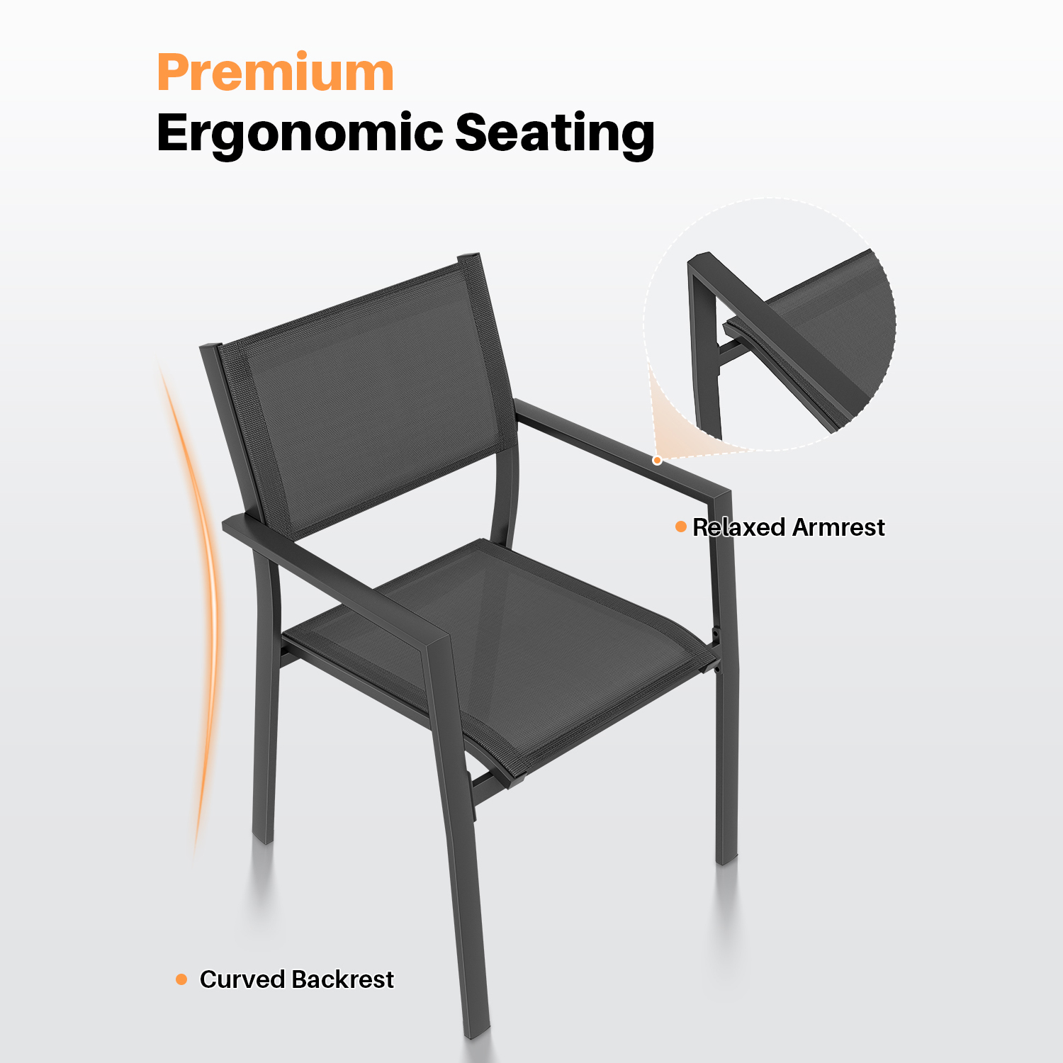 Black ergonomic patio chair with curved backrest and relaxed armrest detail-Seehill