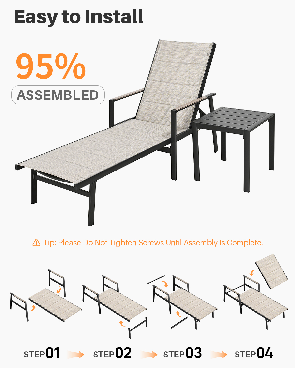 Outdoor lounge chair with side table, 95% pre-assembled, easy setup - Seehill