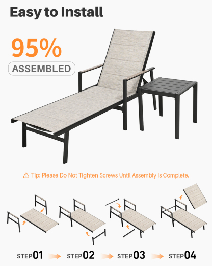 Outdoor lounge chair with side table, 95% pre-assembled, easy setup - Seehill