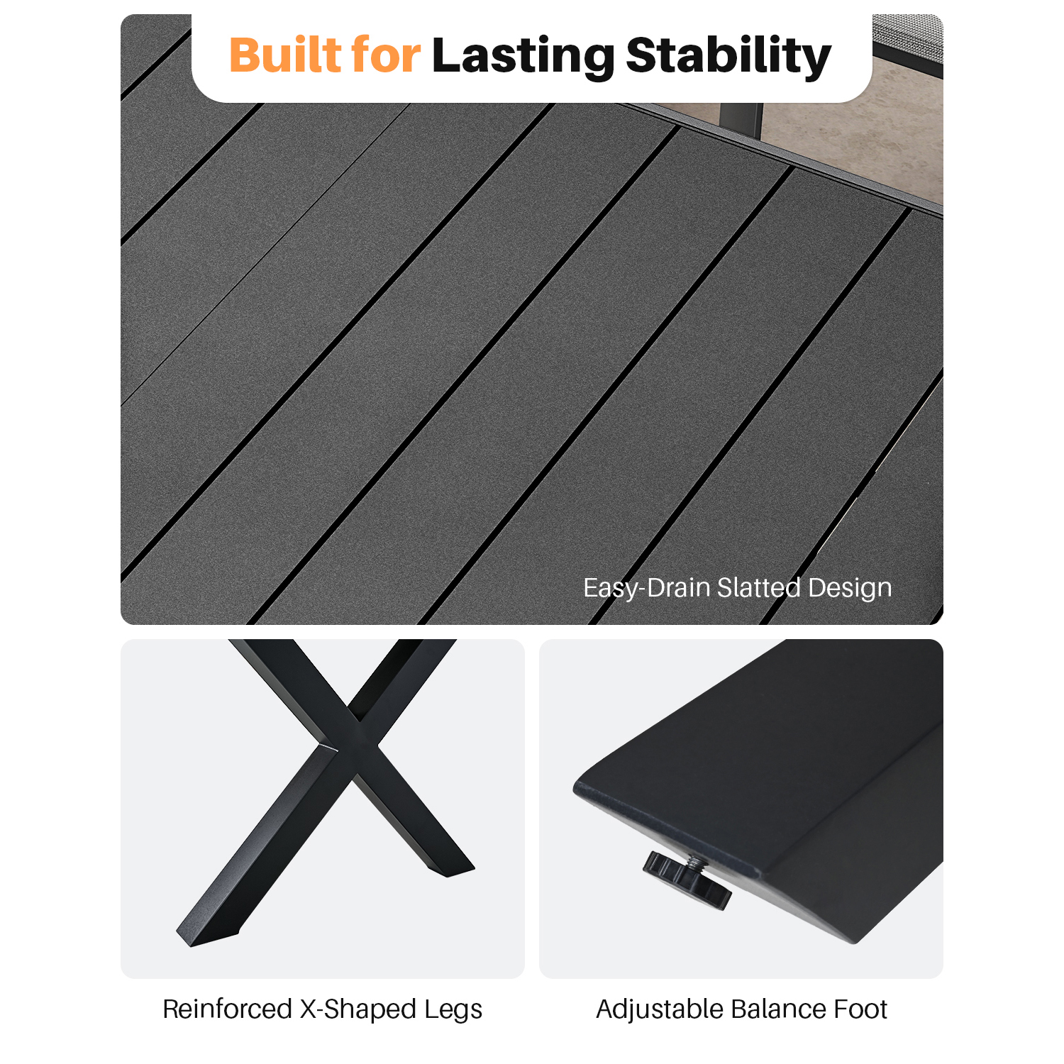 Close-up of expandable patio dining table with slatted top and reinforced legs -Seehill