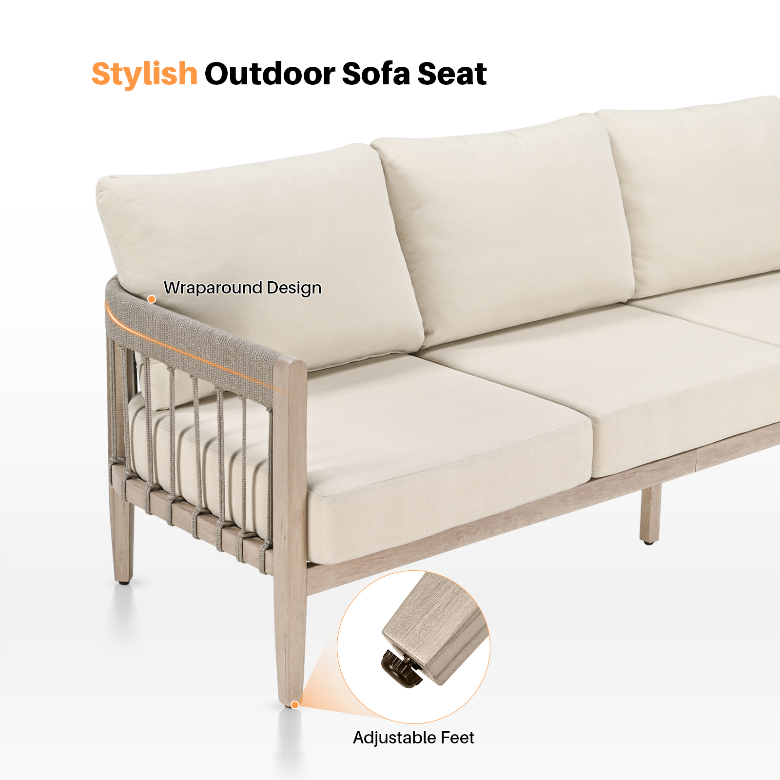 3-Seater Patio Outdoor Sofa with Faux Wood Grain Frame - C038