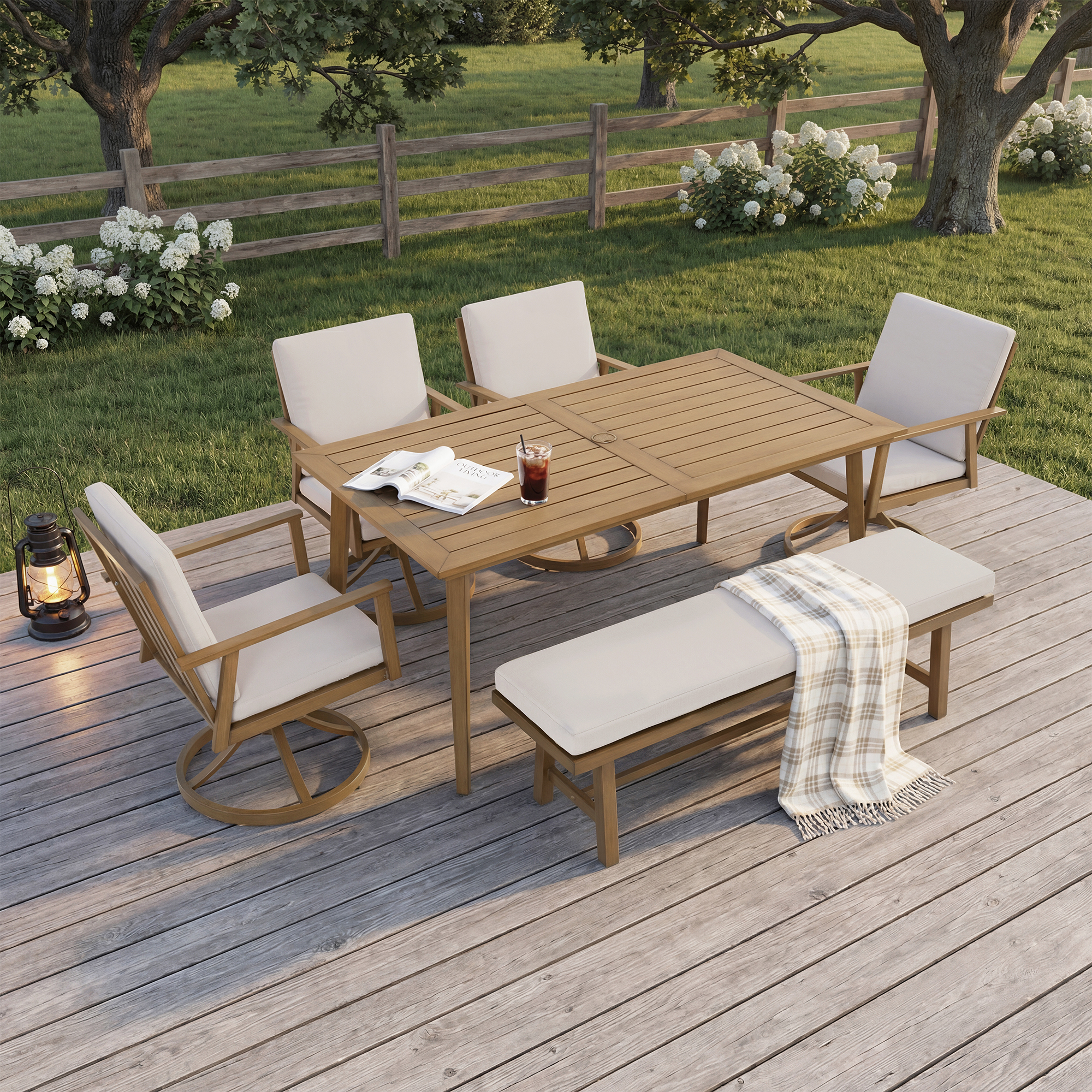 Aluminum Outdoor 6-Person Dining Table Set with 57'' Bench