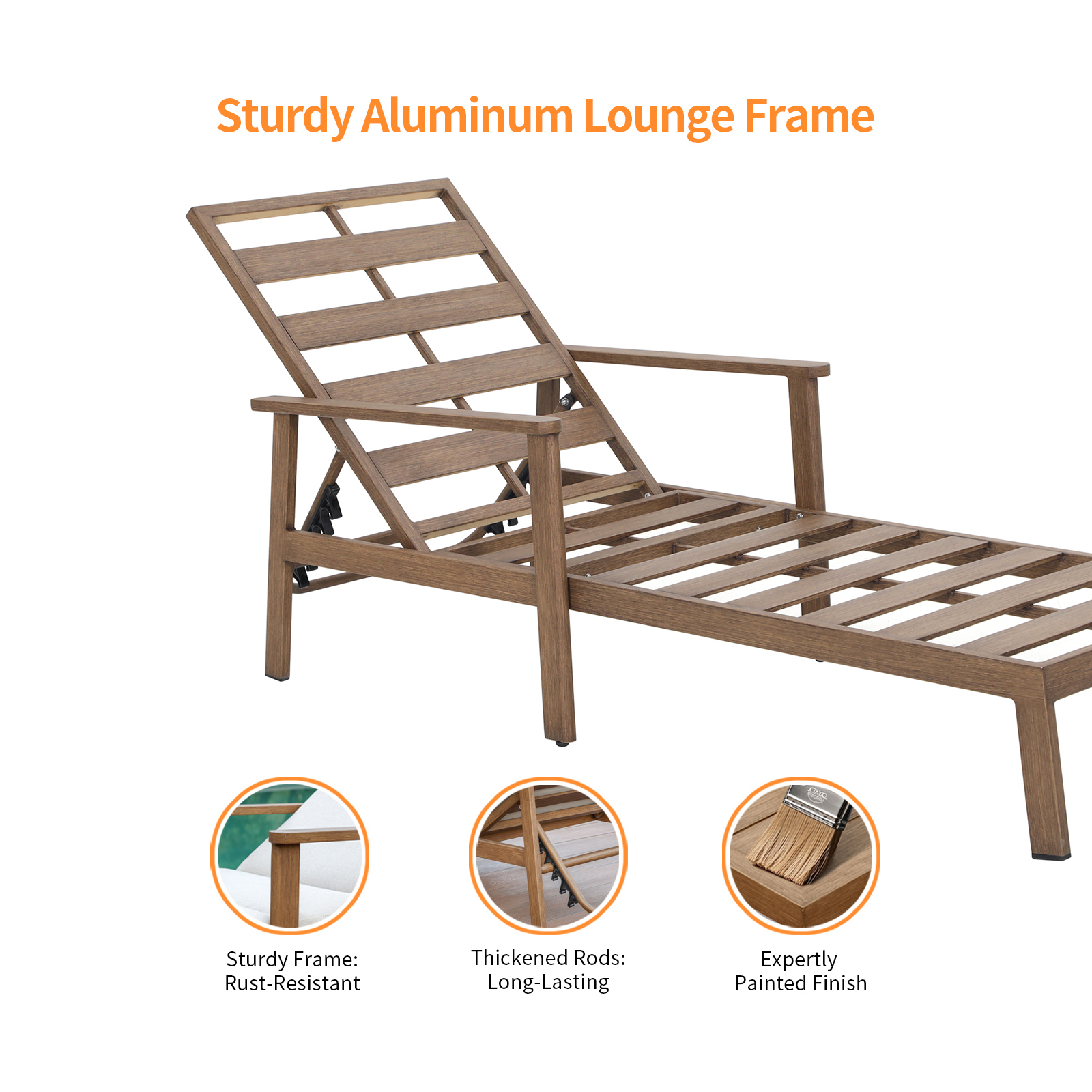 Sturdy aluminum lounge chair with wood-grain finish - Seehill