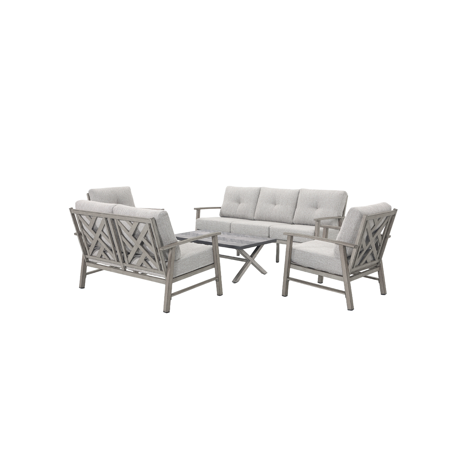 Modern outdoor patio furniture set with cushioned seats and wooden frames on white-Seehill