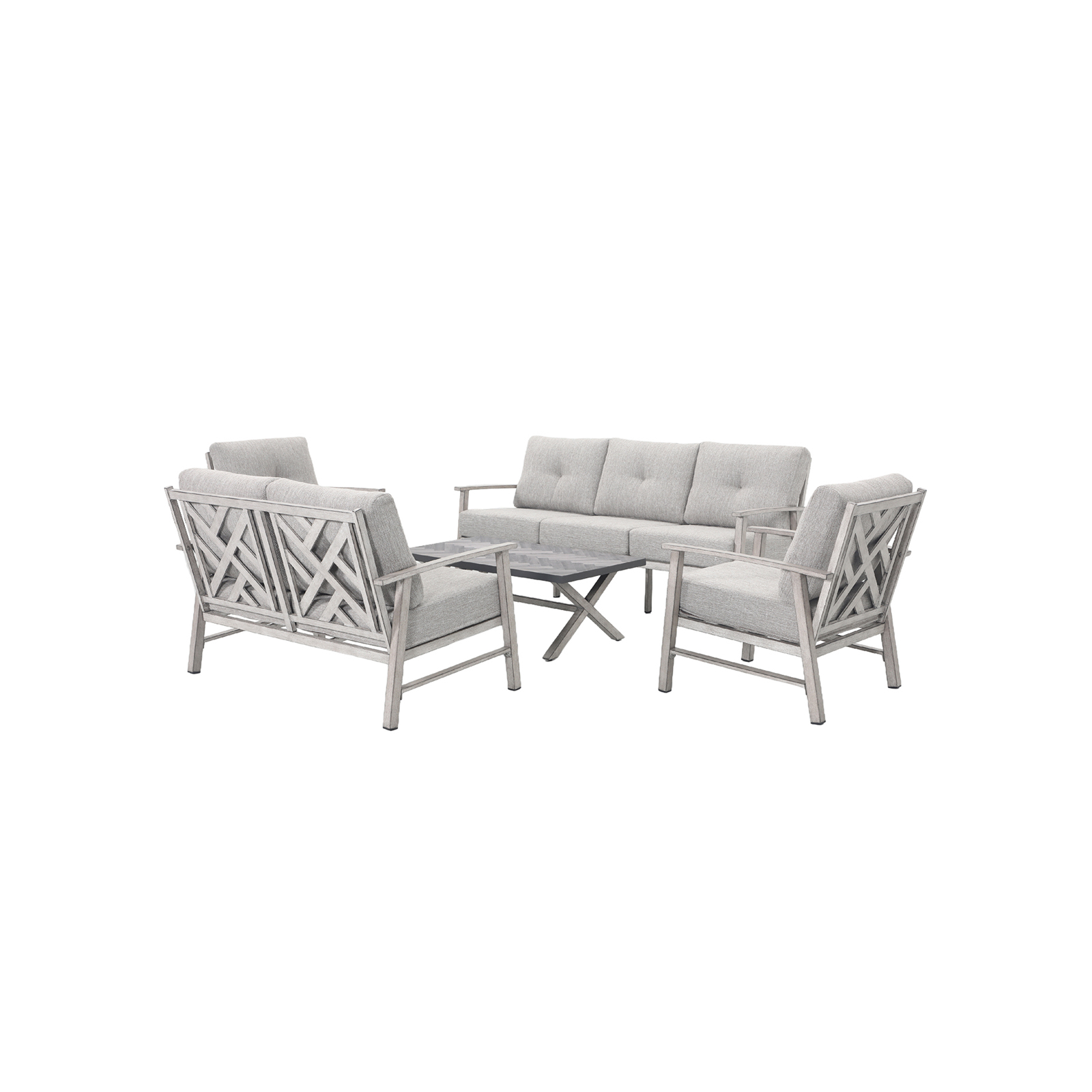 Modern outdoor patio furniture set with cushioned seats and wooden frames in light gray-Seehill