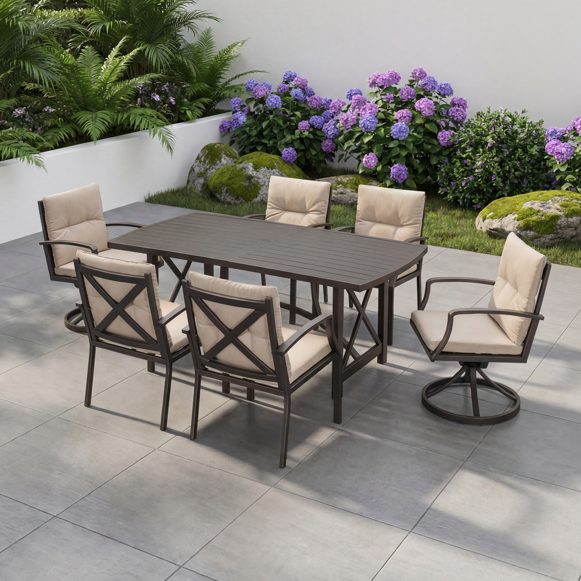 7/9-piece Patio Outdoor Dining Set with Umbrella Hole with 2 Swivel Rocker Chairs - SS028-2