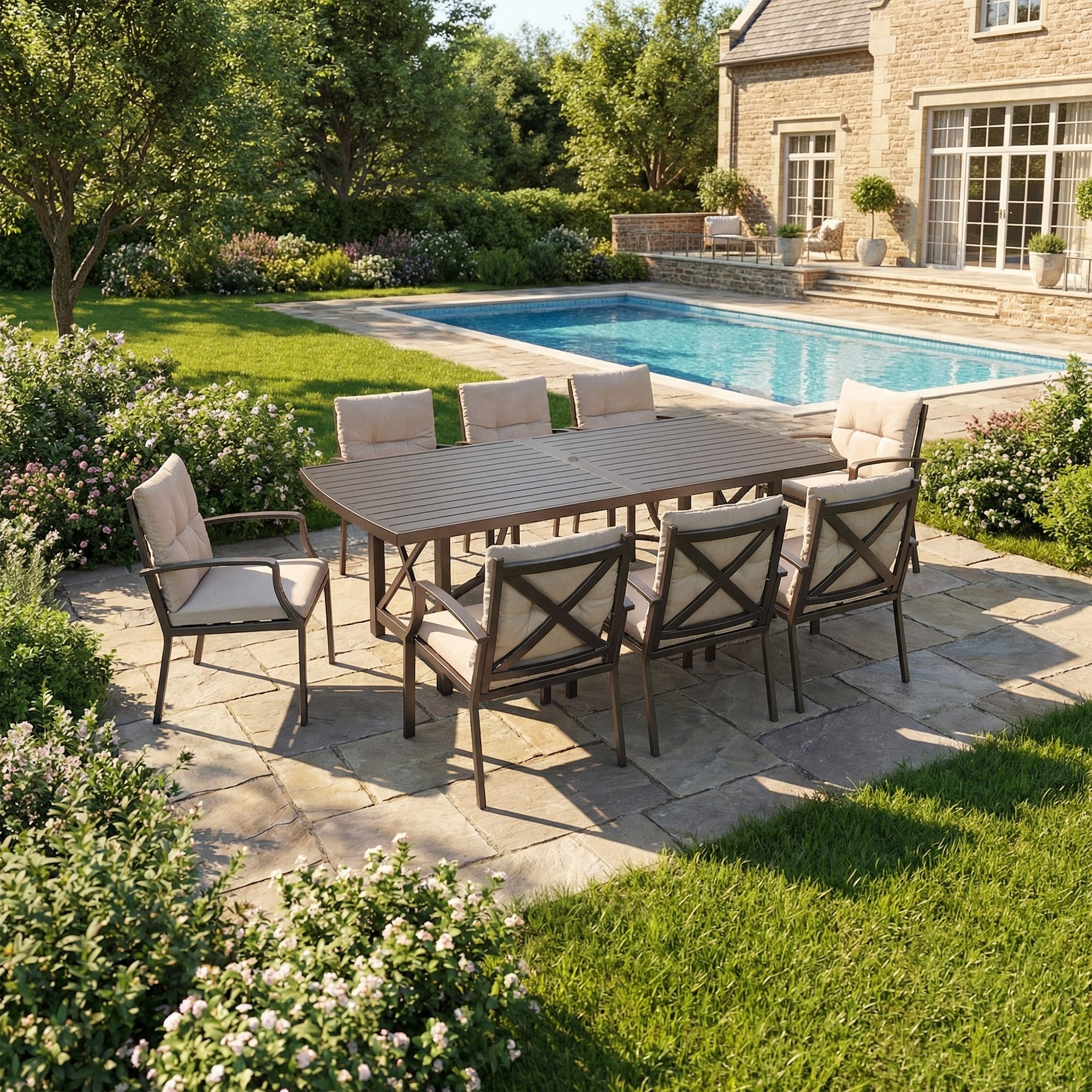 7/9-piece Patio Outdoor Dining Set with Umbrella Hole - SS028-1