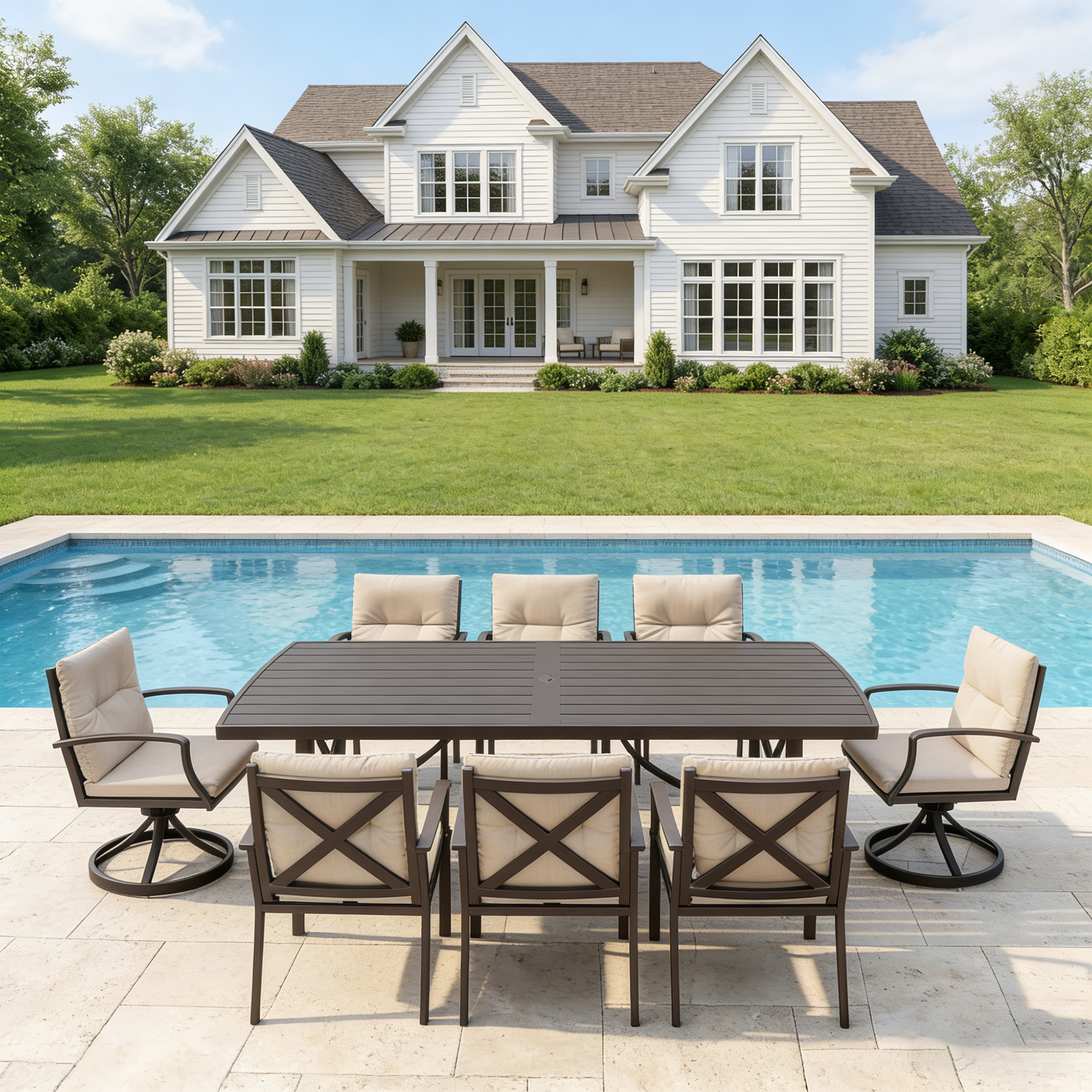 7/9-piece Patio Outdoor Dining Set with Umbrella Hole with 2 Swivel Rocker Chairs - SS028-2