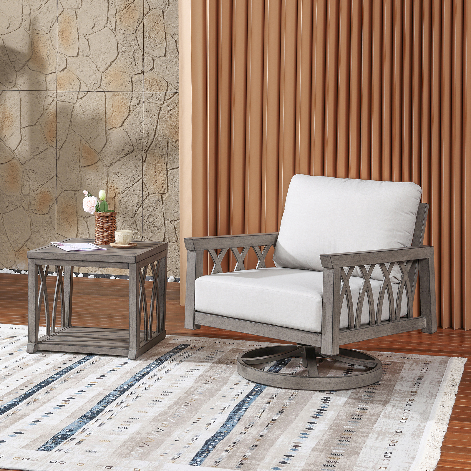 2-Piece Aluminum Outdoor Patio Swivel Sofa Armchair Set - DS093