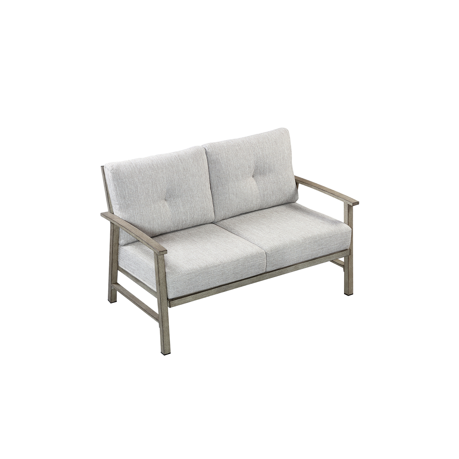 Outdoor loveseat sofa with light gray cushions and wooden frame for patio seating-Seehill
