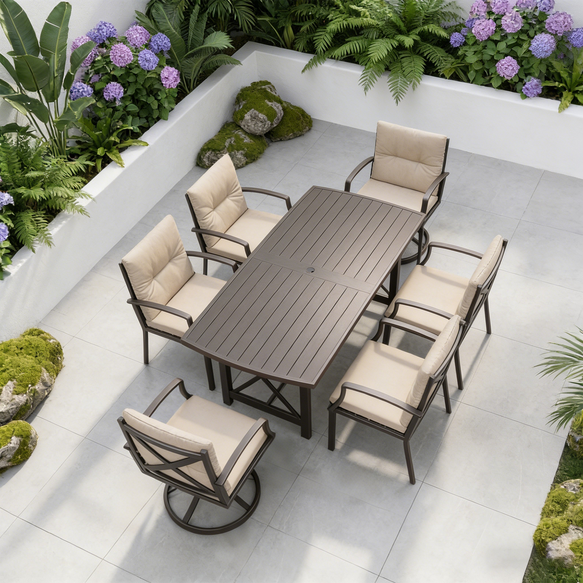 7/9-piece Patio Outdoor Dining Set with Umbrella Hole with 2 Swivel Rocker Chairs - SS028-2