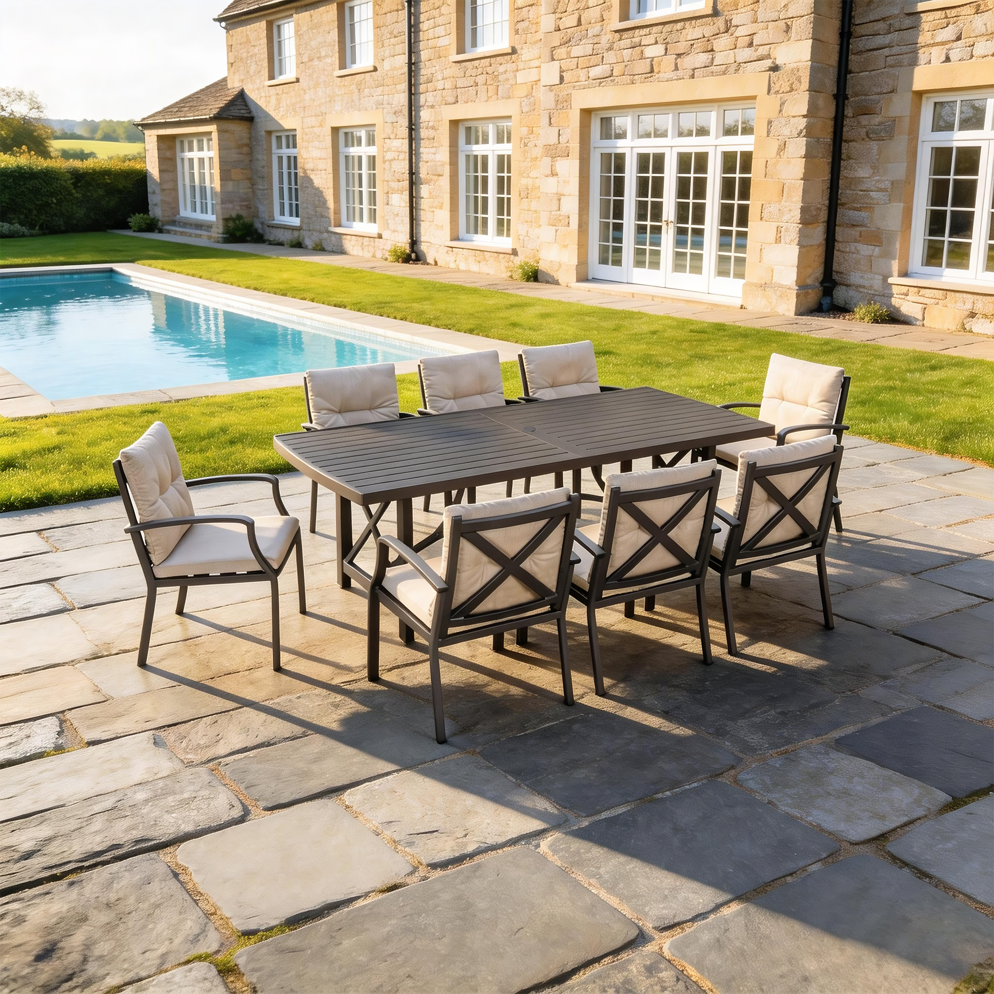 7/9-piece Patio Outdoor Dining Set with Umbrella Hole - SS028-1