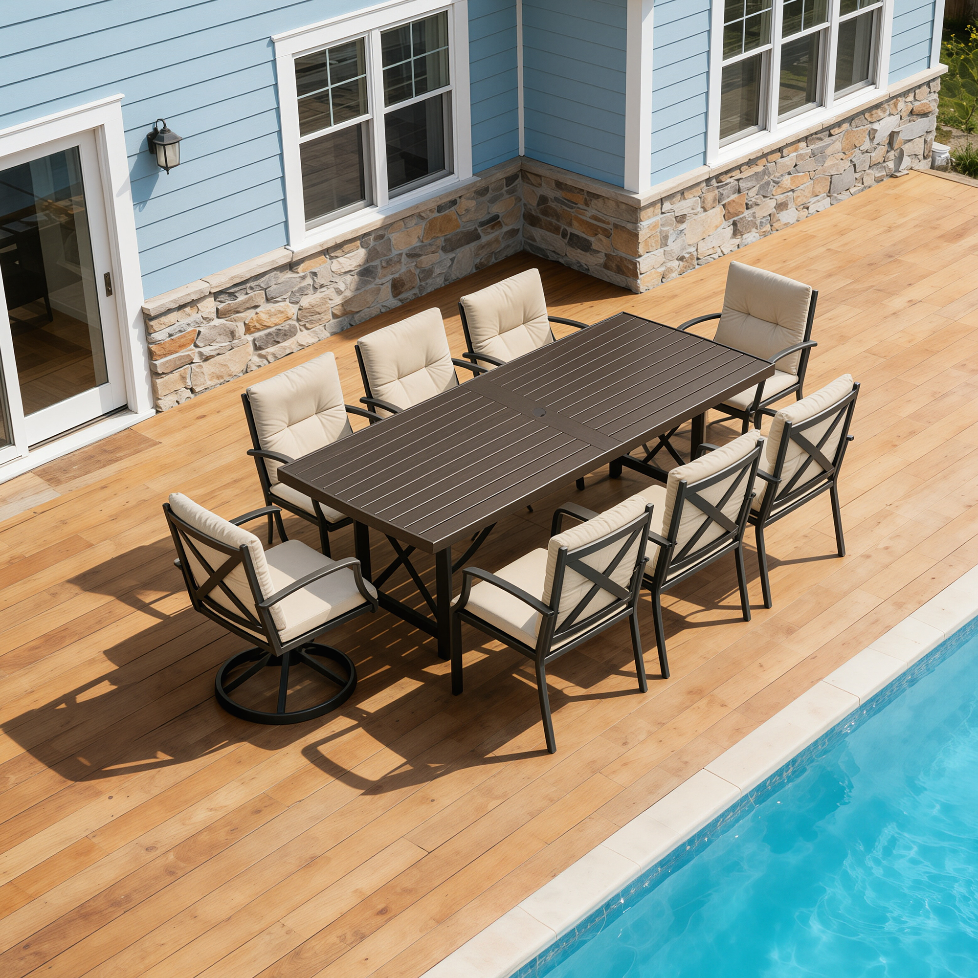 7/9-piece Patio Outdoor Dining Set with Umbrella Hole with 2 Swivel Rocker Chairs - SS028-2