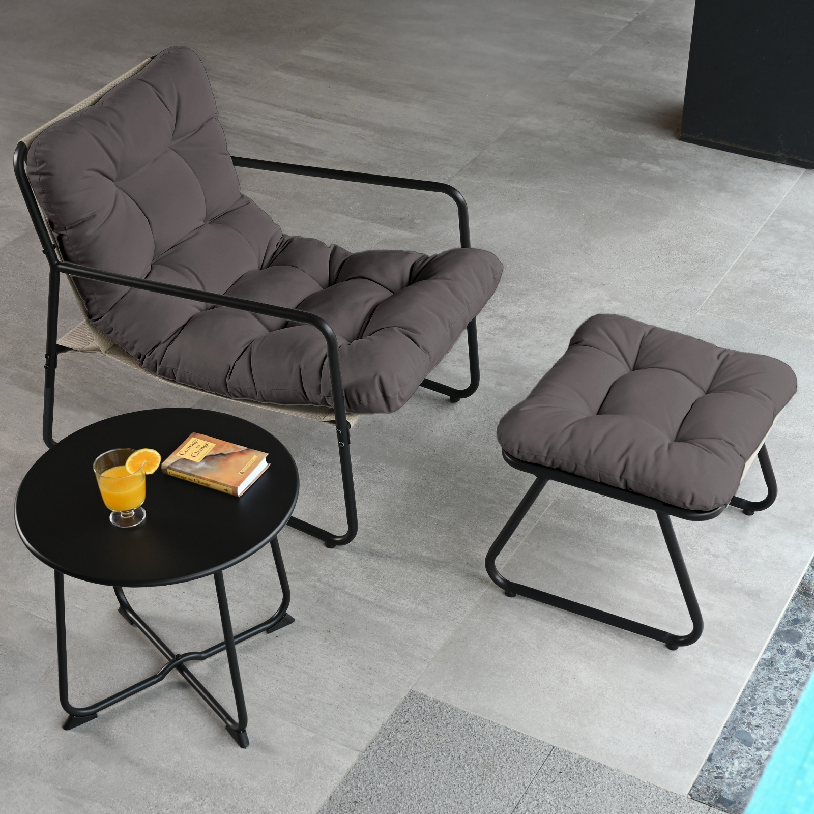 3-Piece Metal Comfy Modern Patio Rocking Chair Set with Ottoman & Side Table- C033-2