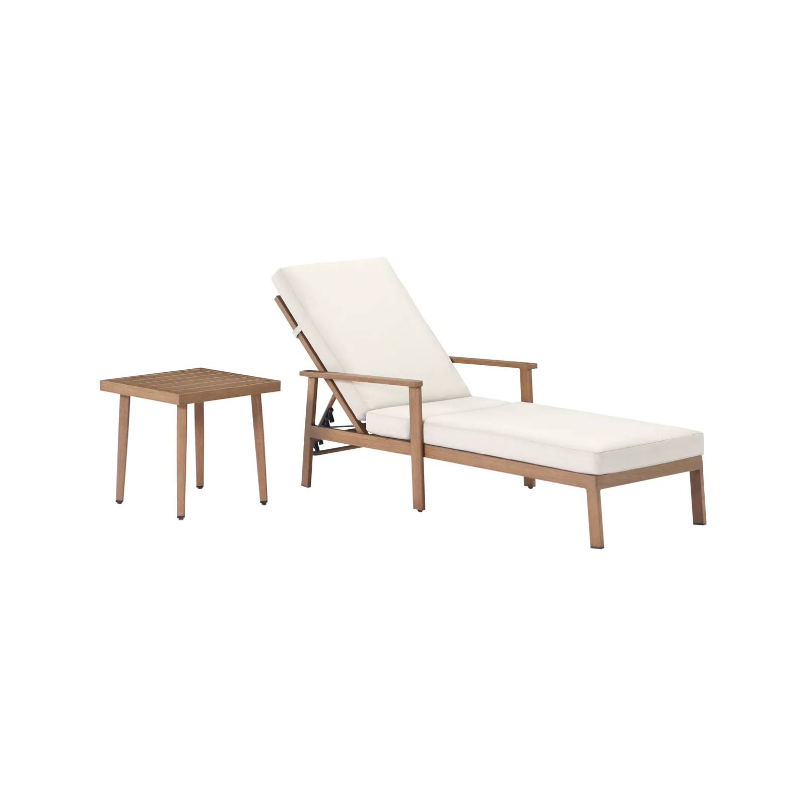 Highlighting the wooden outdoor lounger with white cushion and side table of this refined Piece. - Seehill