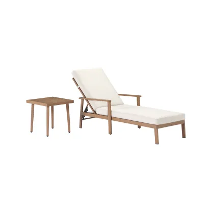 Wooden outdoor lounger with white cushion and side table - Seehill