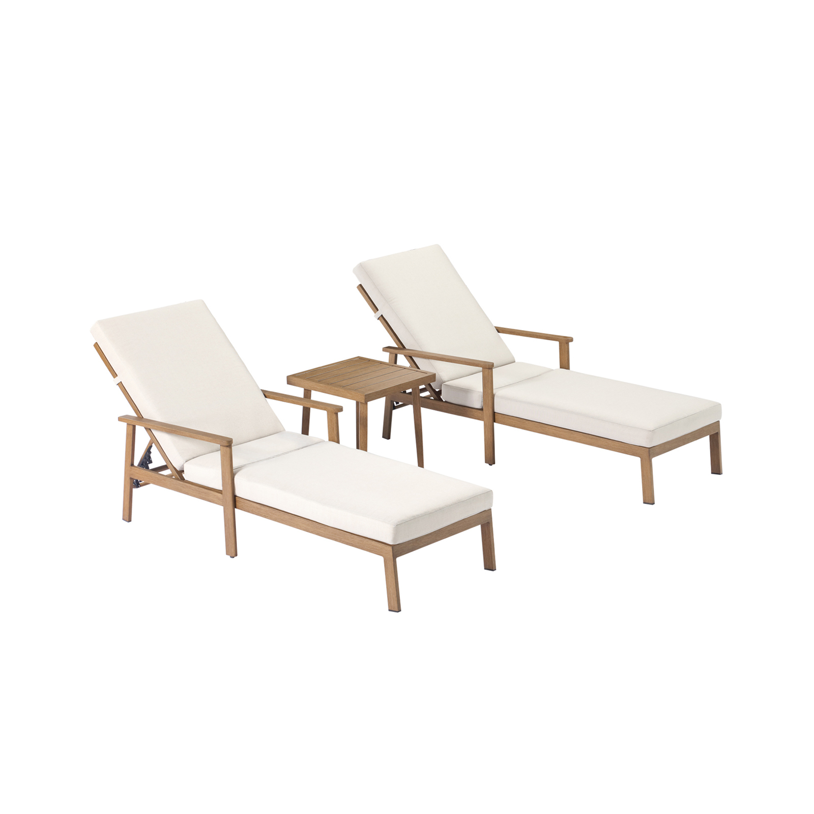 Wooden outdoor lounge chairs with white cushions and side table - Seehill