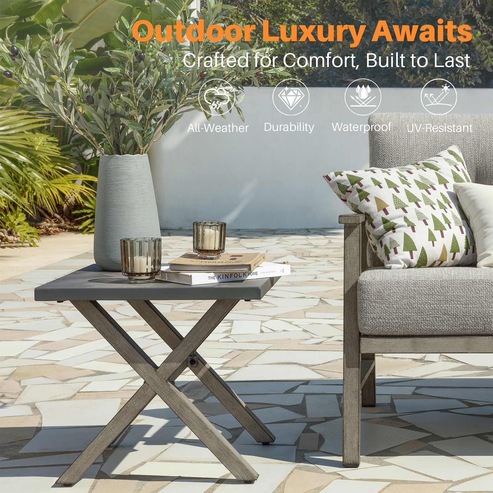 All-Weather Square Outdoor Side Table with Resin Tabletop - D014