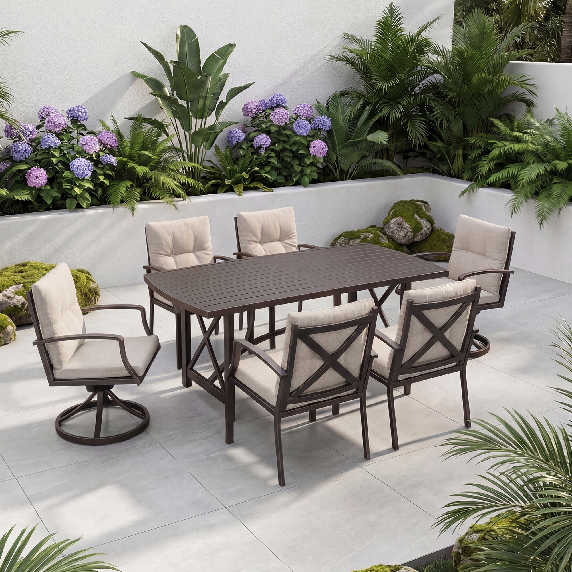 7/9-piece Patio Outdoor Dining Set with Umbrella Hole with 2 Swivel Rocker Chairs - SS028-2