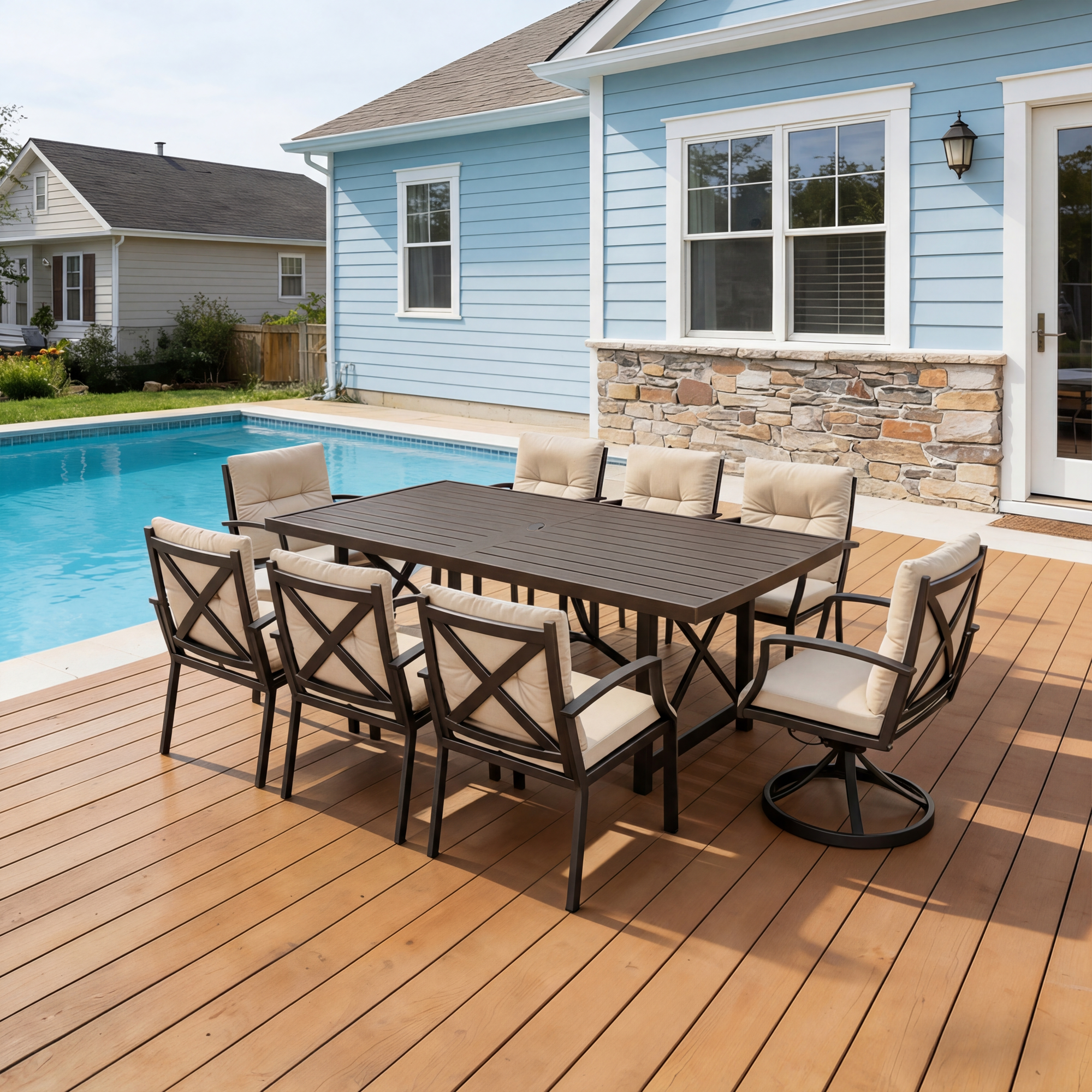 7/9-piece Patio Outdoor Dining Set with Umbrella Hole with 2 Swivel Rocker Chairs - SS028-2