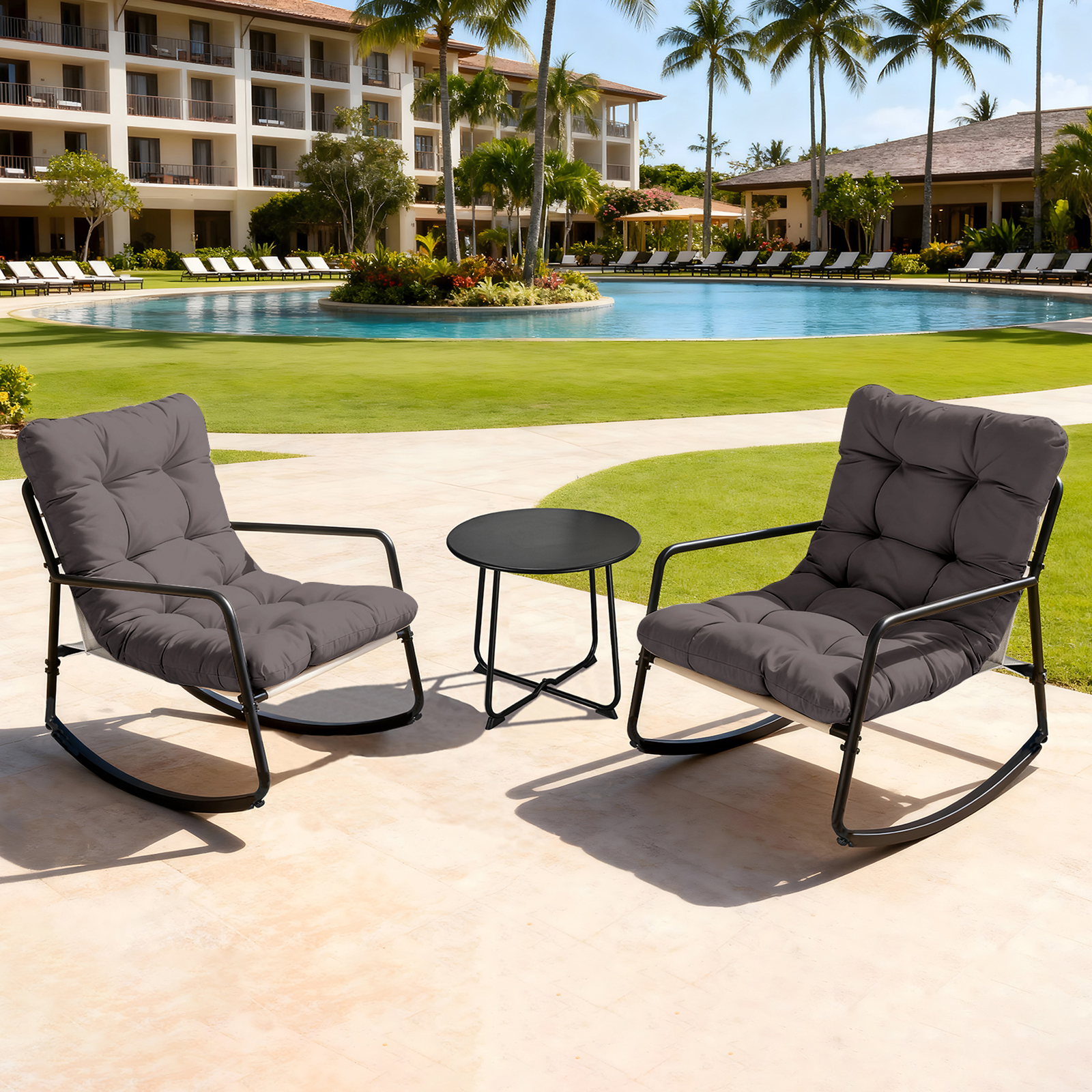 3-Piece Metal Comfy Modern Patio Rocking Chair Set - C032-3